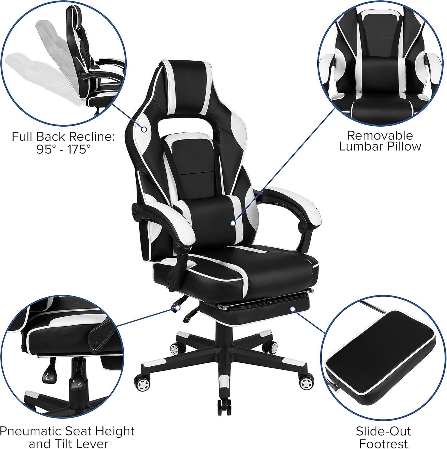 Flash Furniture X40 Gaming Chair Racing Ergonomic Computer Chair with Fully Reclining Back/Arms, Slide-Out Footrest, Massaging Lumbar - White