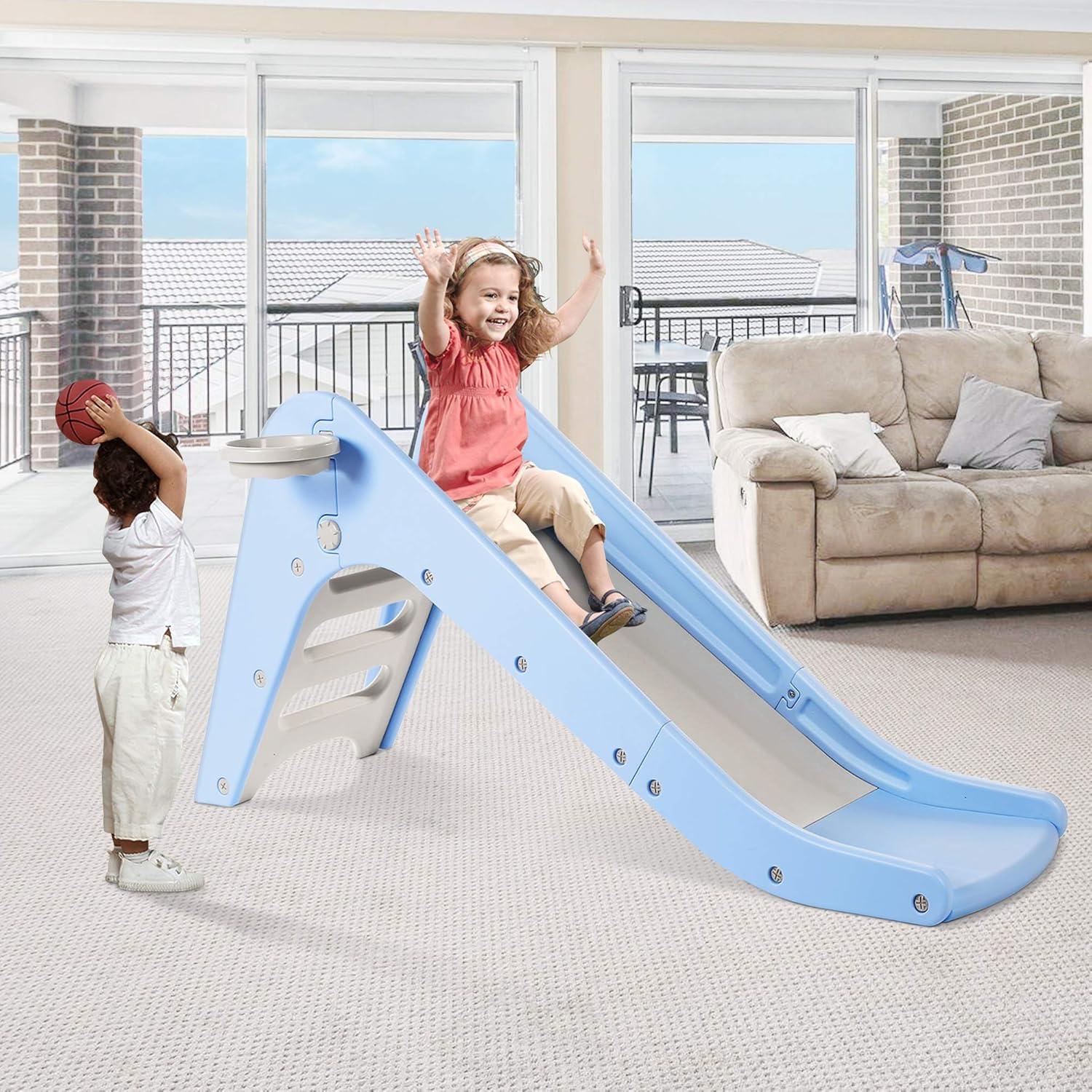 Blue and Gray Freestanding Toddler Slide with Basketball Hoop