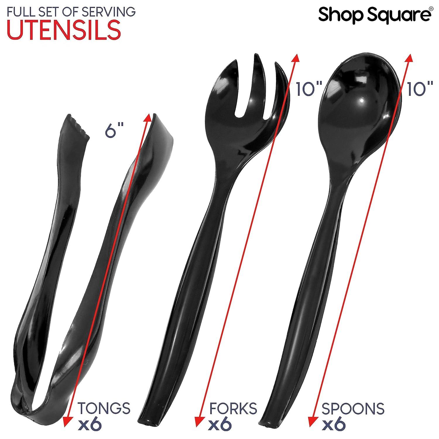 Disposable Serving Utensils - Set of 18 Party Utensils, 6 Each 6" Tongs, 10” Spoons, 10” Forks, Black
