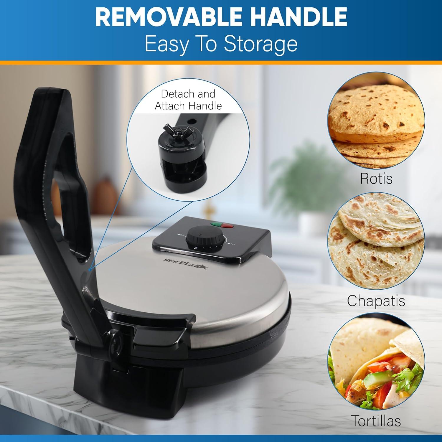 10inch Roti Maker by StarBlue with FREE Roti Warmer and Removable Handle - The automatic Stainless Steel Non-Stick Electric machine to make Indian style Chapati, Tortilla, Roti