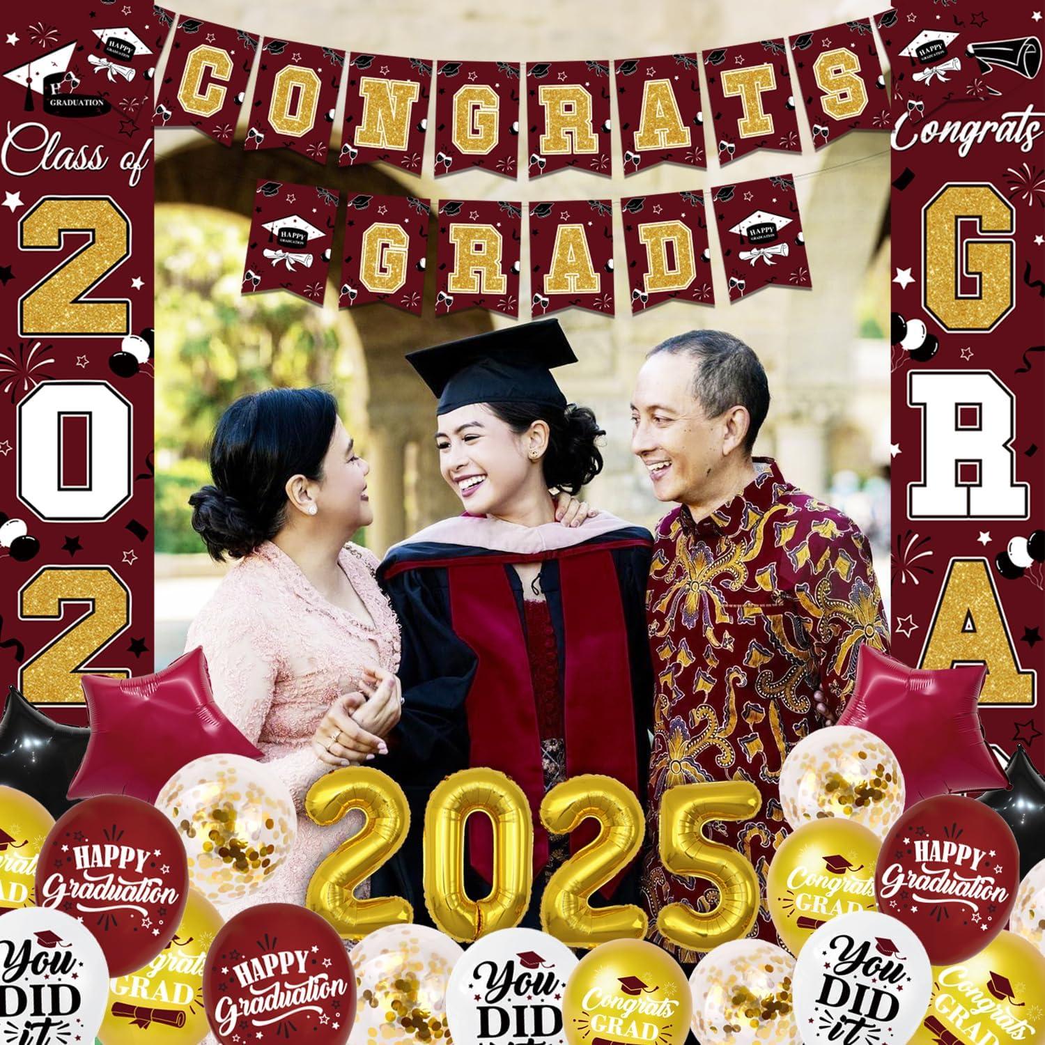 2025 Graduation Party Decoration, Red Gold Themed Set with Congrats Grad Banner, Balloons, Foil Number 2025 for Class of 2025 Graduation Party Supplies