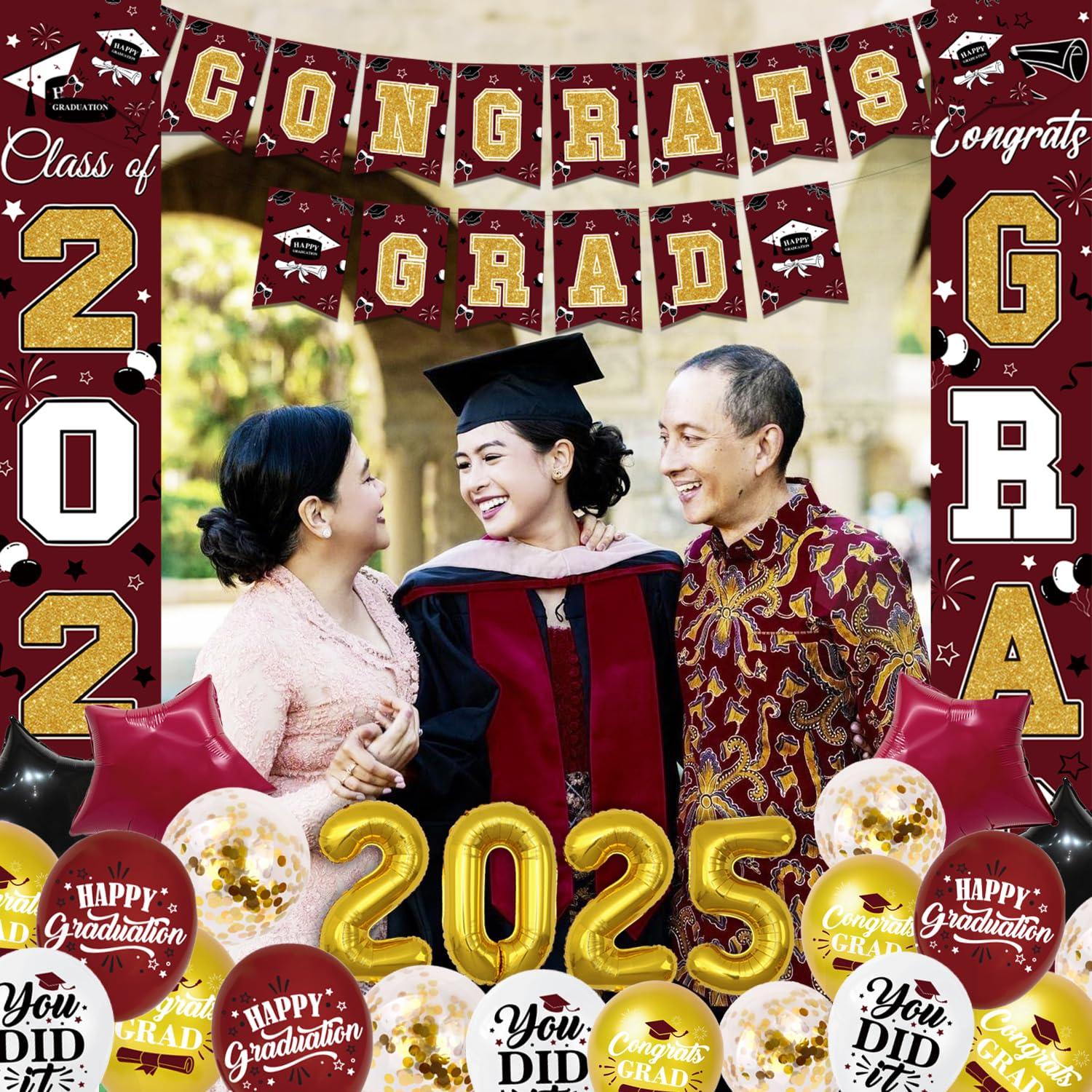 Graduation Party Decorations Class of 2025 Graduation Party Supplies Congrats Grad Banner Class of 2025 Backdrop, Paper Pompoms, Balloons for Congrats Grad Party Decorations (Burgundy-Gold)