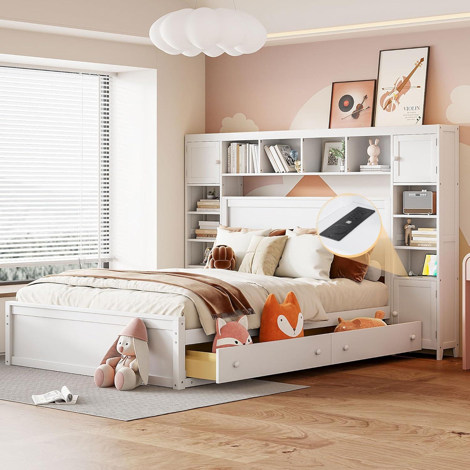 Merax Queen Size Platform Bed with 4 Drawers, Wooden Queen Bed with All-in-One Cabinet, Shelf and Sockets, White