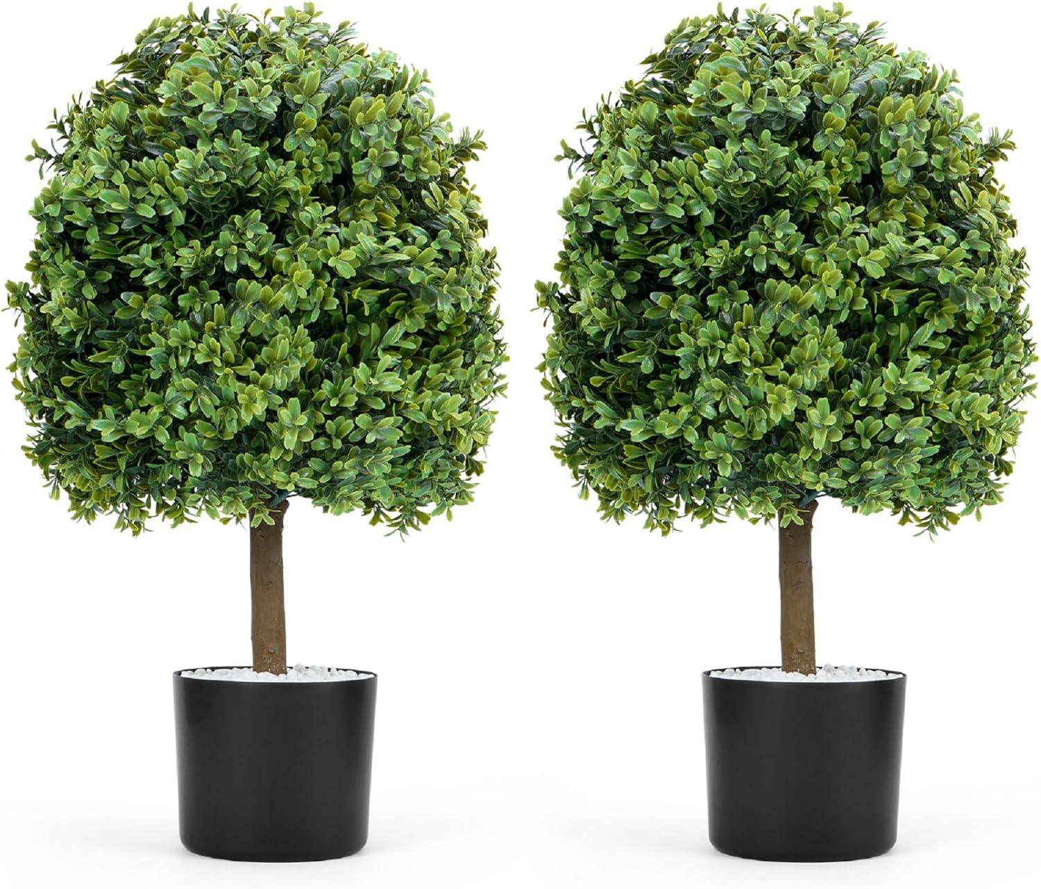 Set of 2 Green Faux Boxwood Topiary Plants in Black Pots