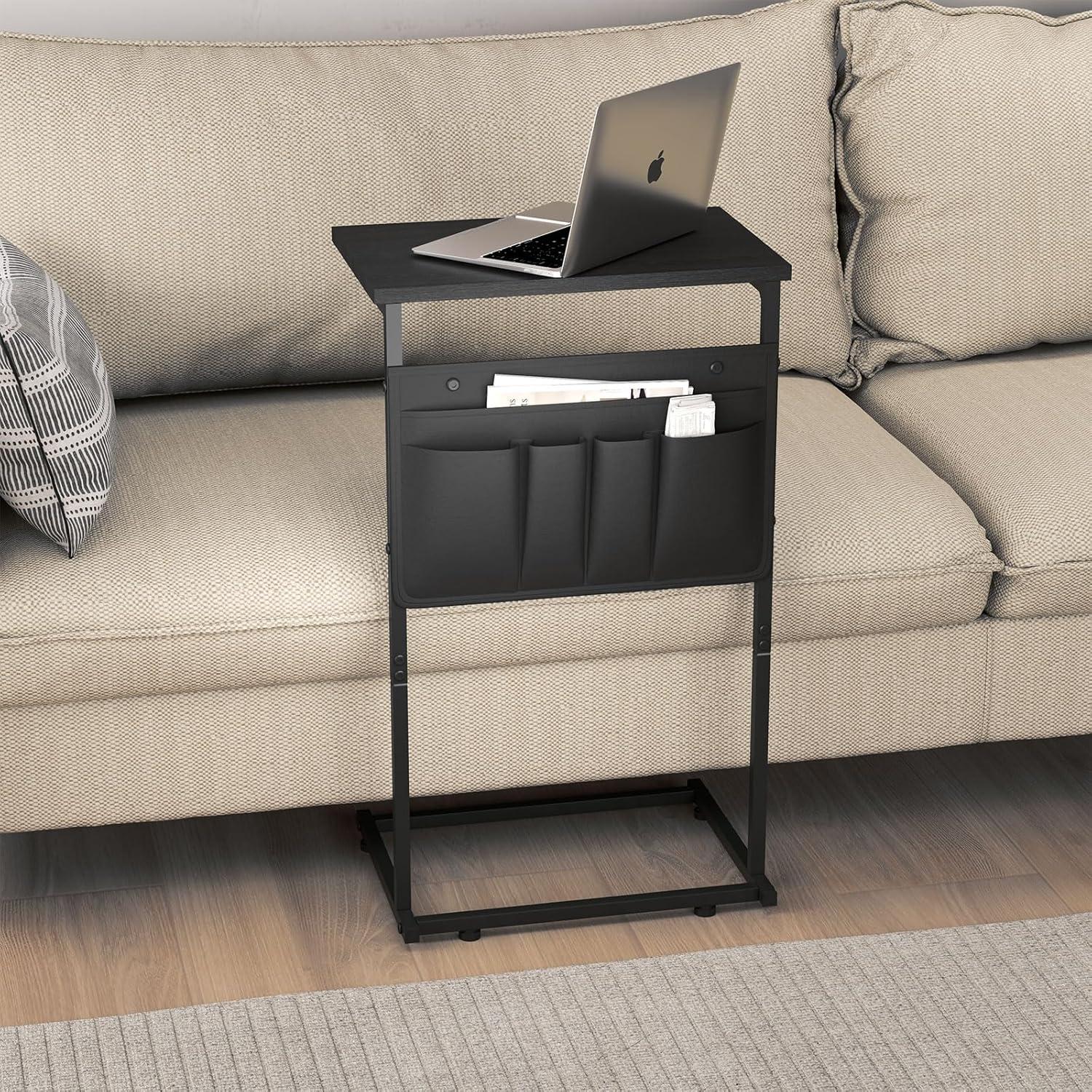 C-Shaped Side Table, Small End Table with Storage Bag, Couch Side Table with Sturdy Frame, Sturdy Slide Under Sofa Table, TV Tray Table for Living Room, Bedroom, Rustic Brown and Black BF40SF01