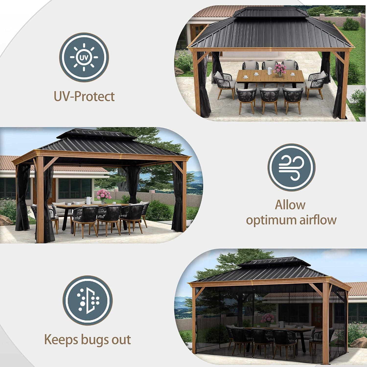 PURPLE LEAF 10' X 14' Outdoor Hardtop Gazebo for Patio Galvanized Steel Double Roof Permanent Canopy Teak Finish Coated Aluminum Frame Pavilion Gazebo with Netting