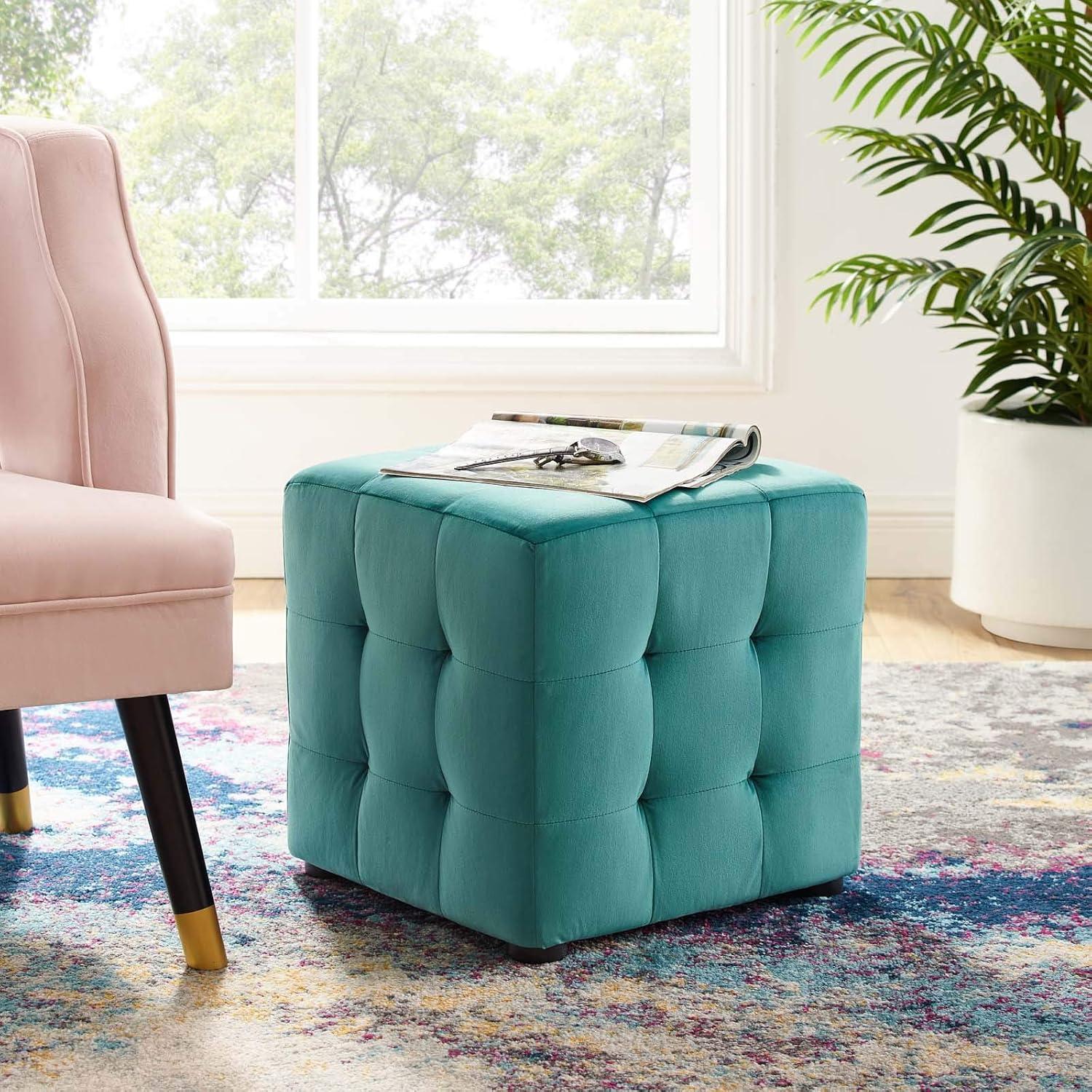 Teal Tufted Velvet Cube Ottoman with Button Details