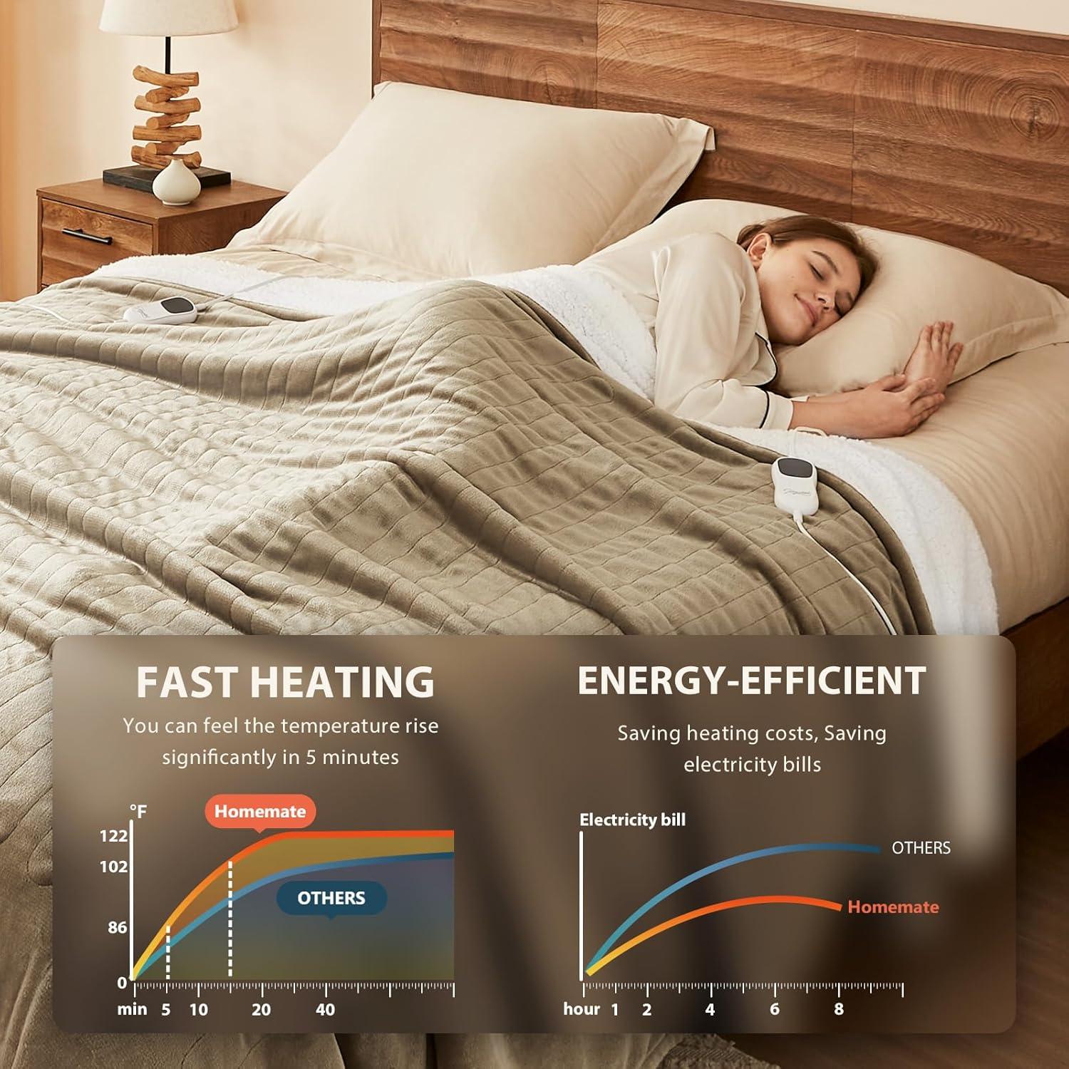 Homemate Electric Heated Blanket Throw - 50"x60" Heating Blanket Throw Size 1/2/4/6/8 Hours Auto-off 10 Heat Level Heat Blanket Over-heat Protection Flannel Sherpa Big Heater Blanket ETL Certification