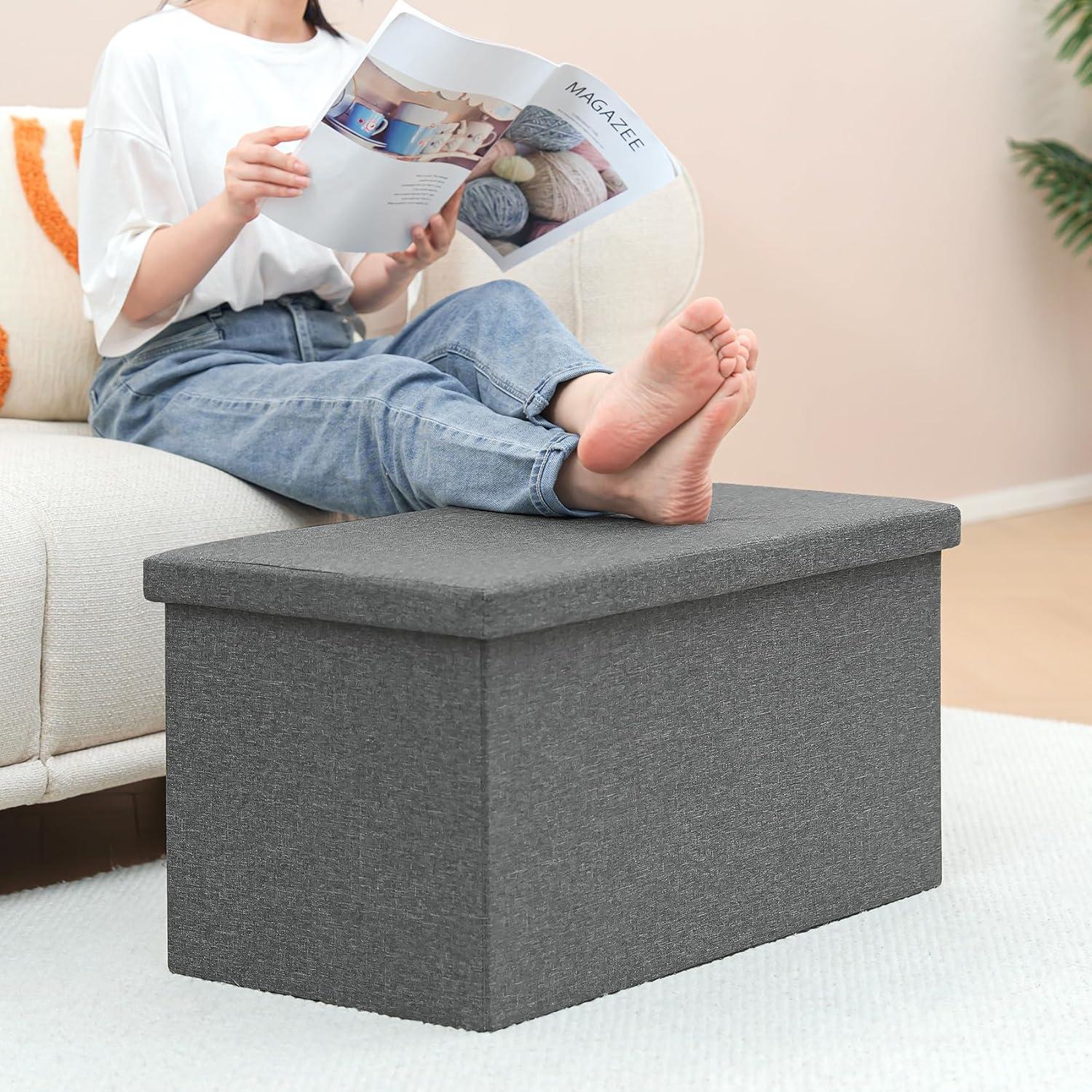 Folding Storage Ottoman Bench, Grey Storage Ottoman with Lid Tray, 30 inches Ottoman Coffee Table Cube Chair Foot Rest Stool Storage Toy Chest for Living Room Bedroom, Holds up to 550 lb