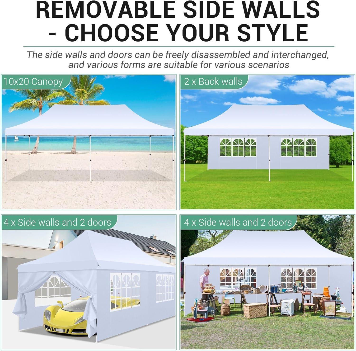 COBIZI 10x20 Pop Up Canopy with 6 Sidewalls,Waterproof Instant Party Tents for Weddings & Parties, Easy Up Commercial Canopy Tent,UPF 50+ UV Protection, 3-Height Adjustable Frame & 4 Sandbags White