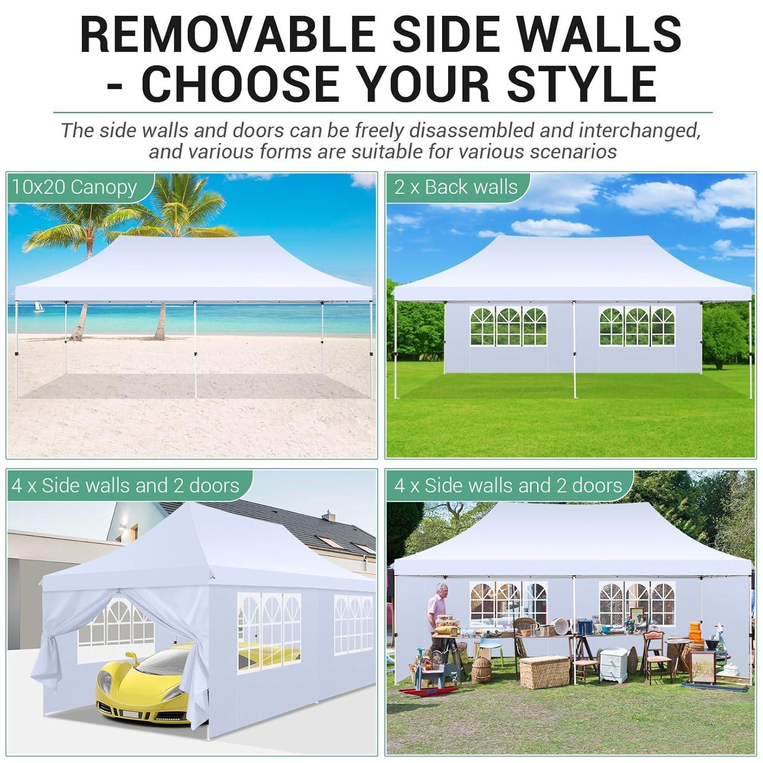 COBIZI 10x20 Pop Up Canopy with 6 Sidewalls,Waterproof Instant Party Tents for Weddings & Parties, Easy Up Commercial Canopy Tent,UPF 50+ UV Protection, 3-Height Adjustable Frame & 4 Sandbags White