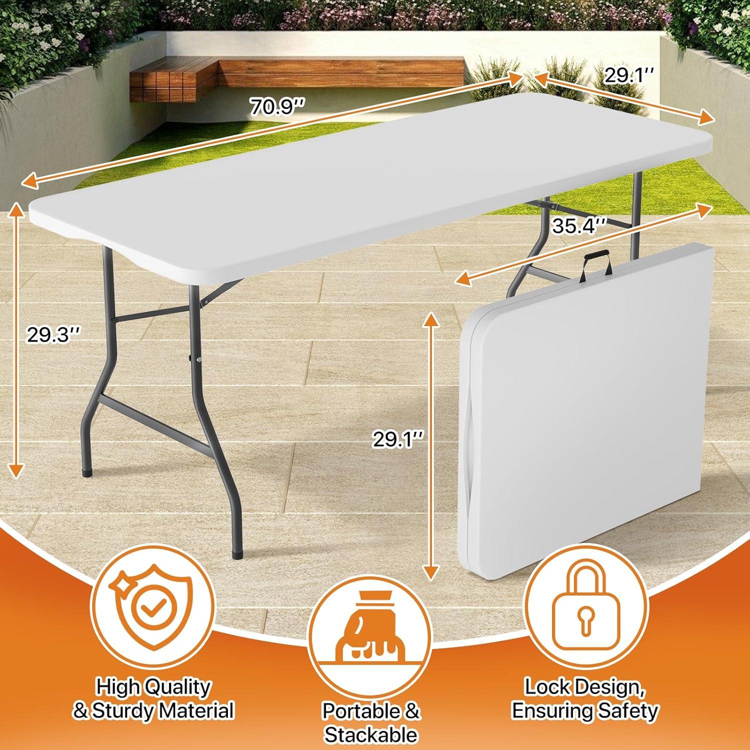 Folding Table 6 Foot Indoor Outdoor Heavy Duty Plastic Portable Fold Up Table Utility Camping Dining Party Table, Easy to Assemble, White