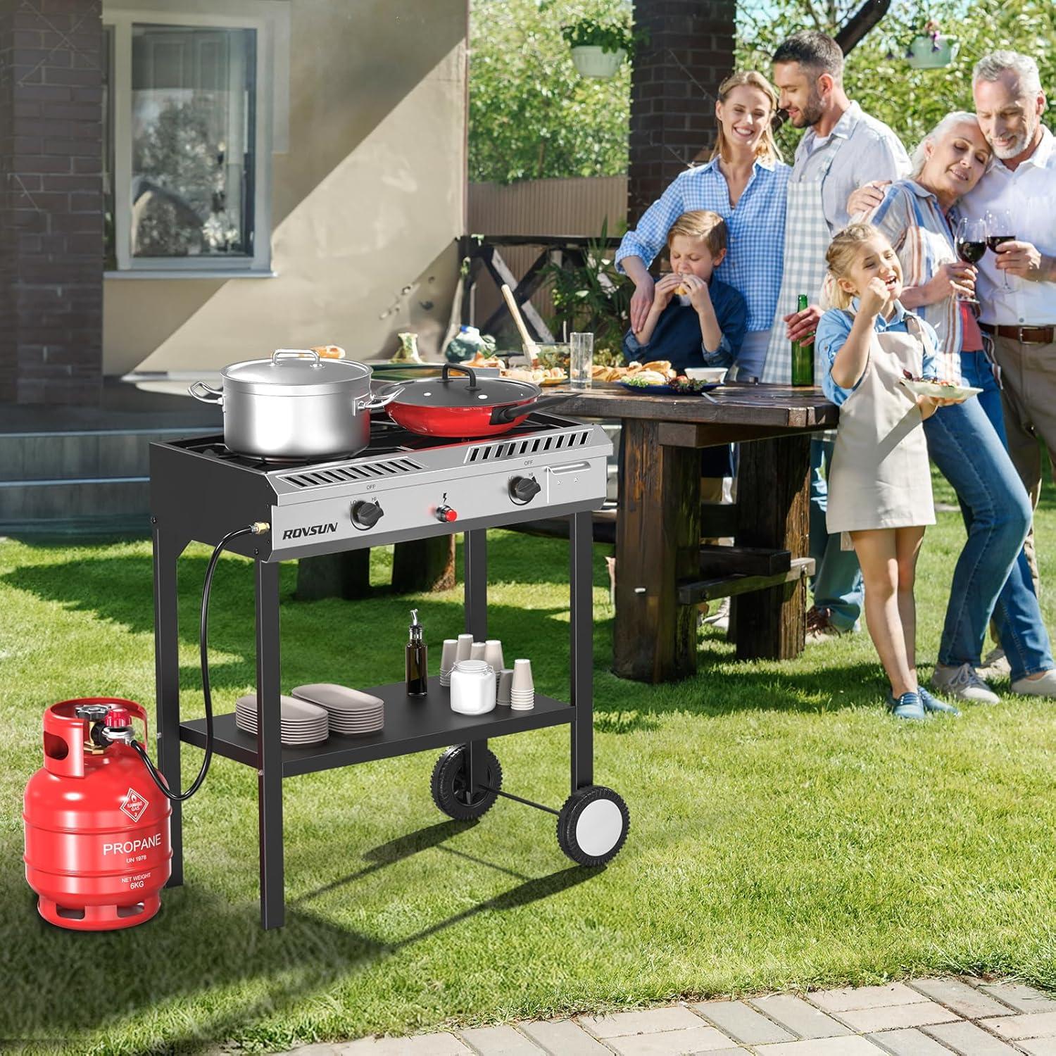 ROVSUN 2 Burner Outdoor Propane Gas Stove with Ignition, Regulator & Shelf, 150,000 BTU Powerful Cooker for Backyard Patio Cooking Home Canning Frying