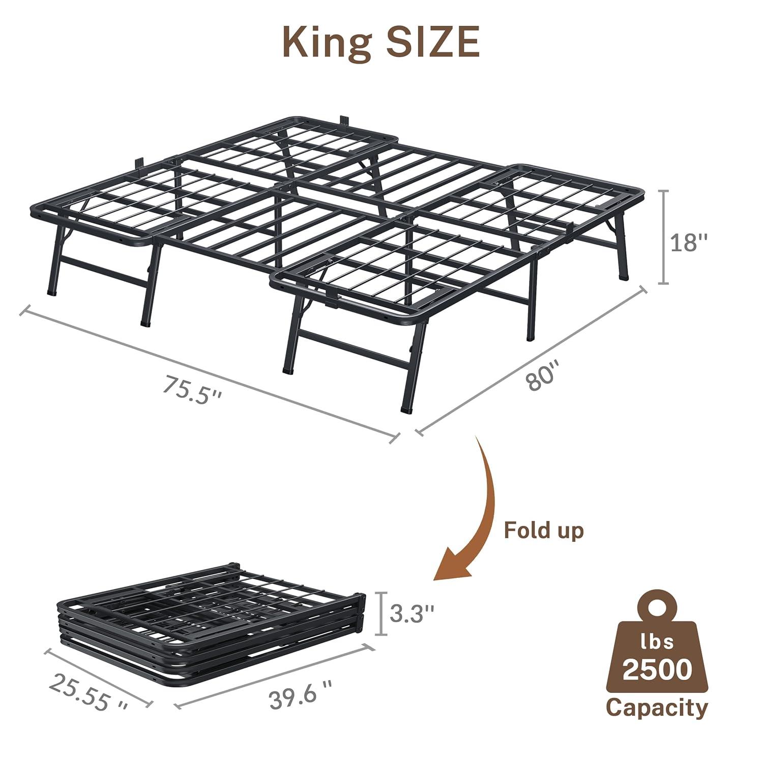 Amazon Basics Bed Frame with Storage, Foldable Metal Platform, Sturdy Steel, No Box Spring Needed, 18 Inches High, Tool-Free Setup, King Size, Black