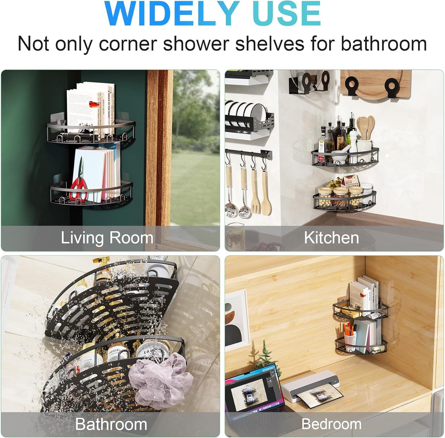 Corner Shower Caddy, 2 Pack Adhesive Bathroom Shower Corner Organizer Shelf, No Drilling Rustproof Wall Mounted Shower Storage Rack Shampoo Holder Organizer (Black)