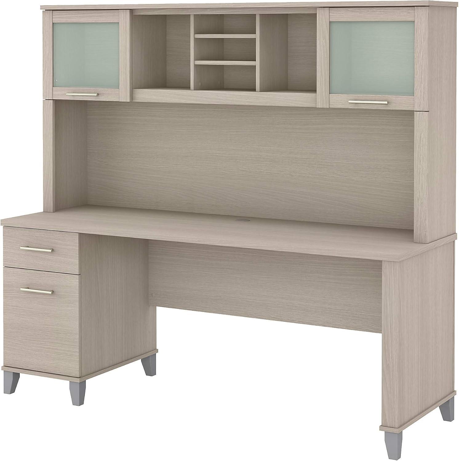 Bush Furniture Somerset 72" Desk and Hutch with Storage, Sand Oak