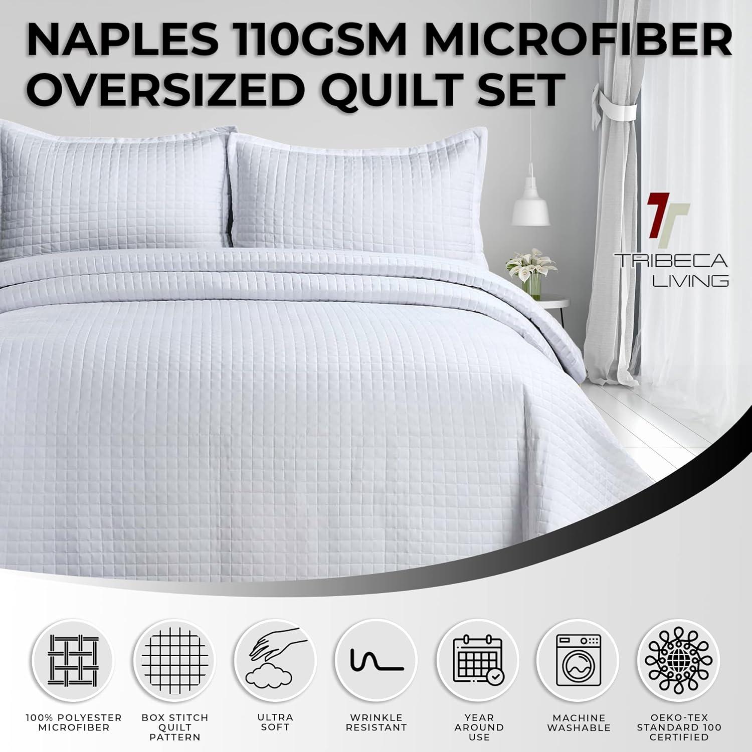 King Naples Microfiber Quilt Set White - Tribeca Living: All Ages, Box Quilting, Includes 2 King Shams