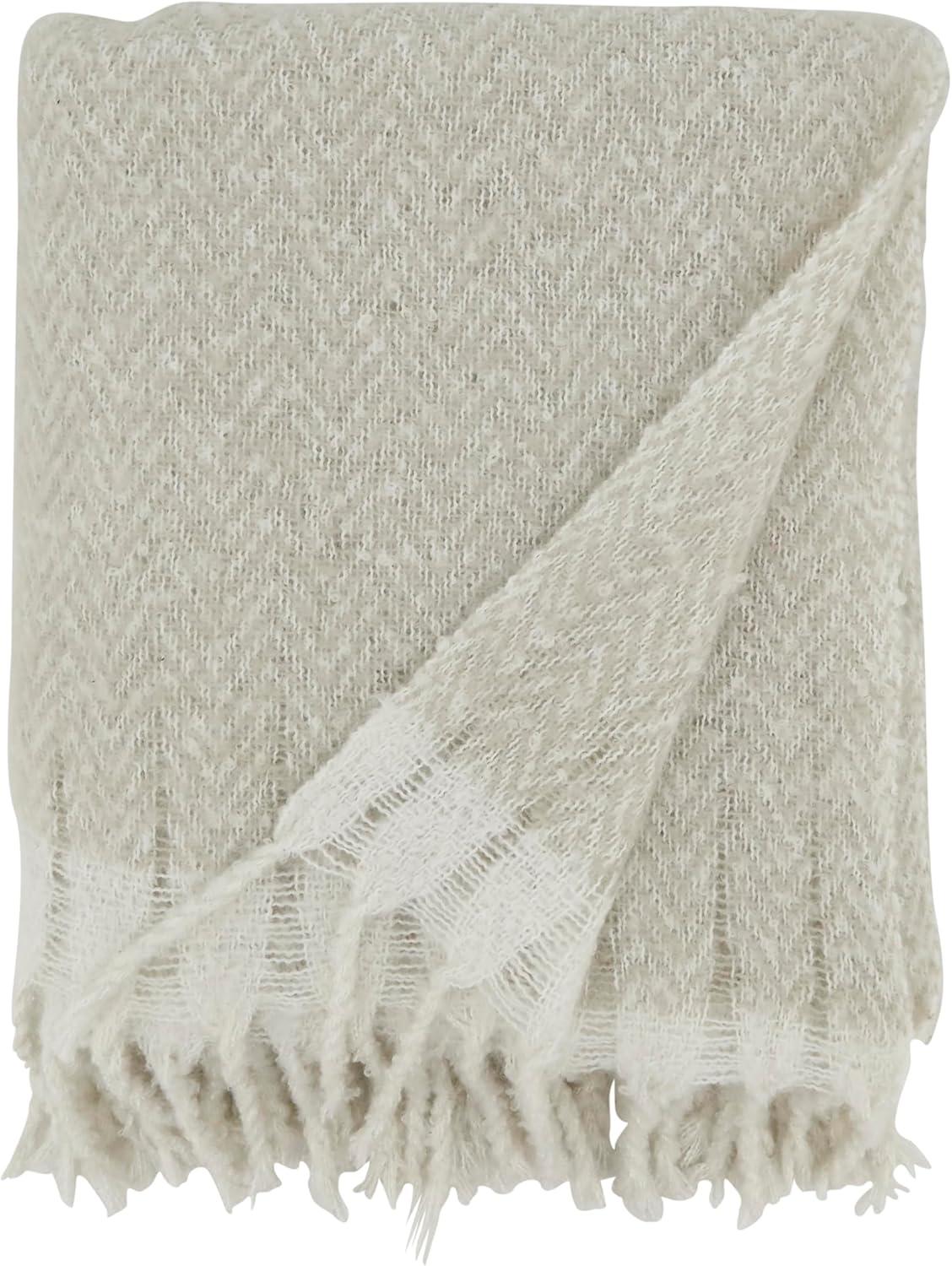 Gray Faux Mohair Herringbone Fringed Throw Blanket