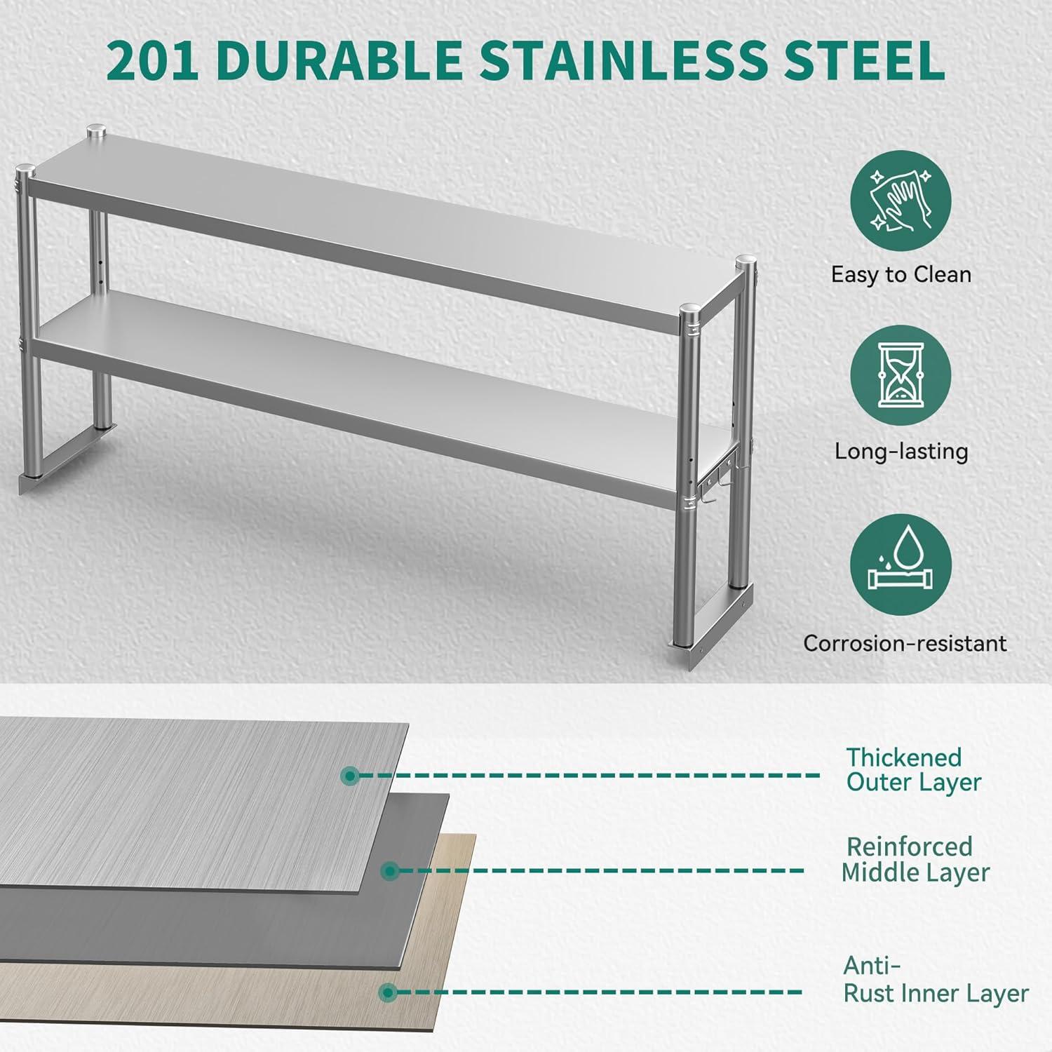 STRELECT 12"x48" Stainless Steel Overshelf for Prep & Work Table, NSF Commercial Adjustable Double Deck Overshelf 2 Tier for Restaurant, Bar, Utility Room, Kitchen and Garage