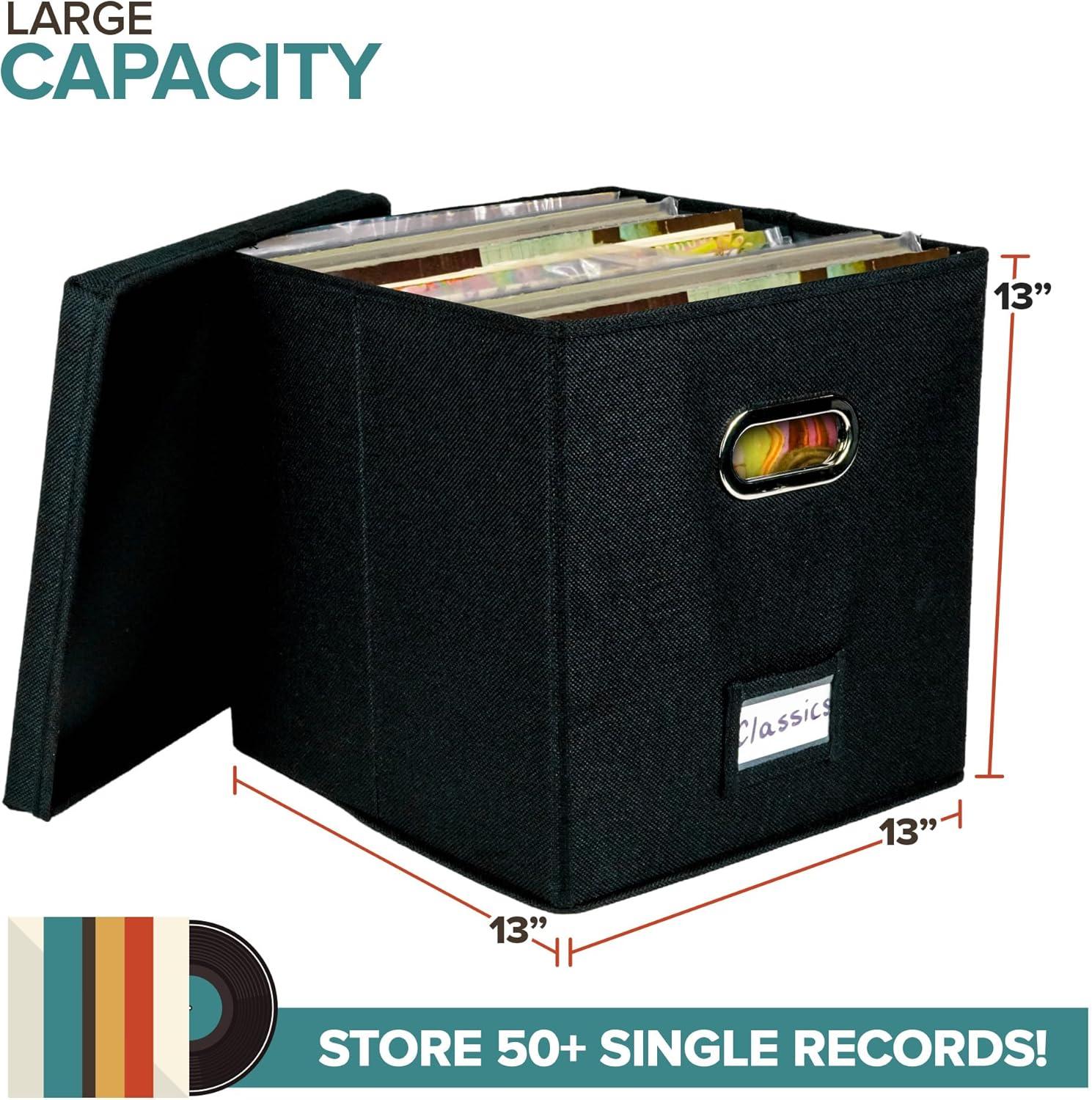 Vinyl Record Storage Box for up to 50+ 12-Inch Albums, Records Crate, LP Album Storage, Fabric Storage Boxes with Lids for Moving, Office, Closet, Home Organizer 13x13x13 (Black)
