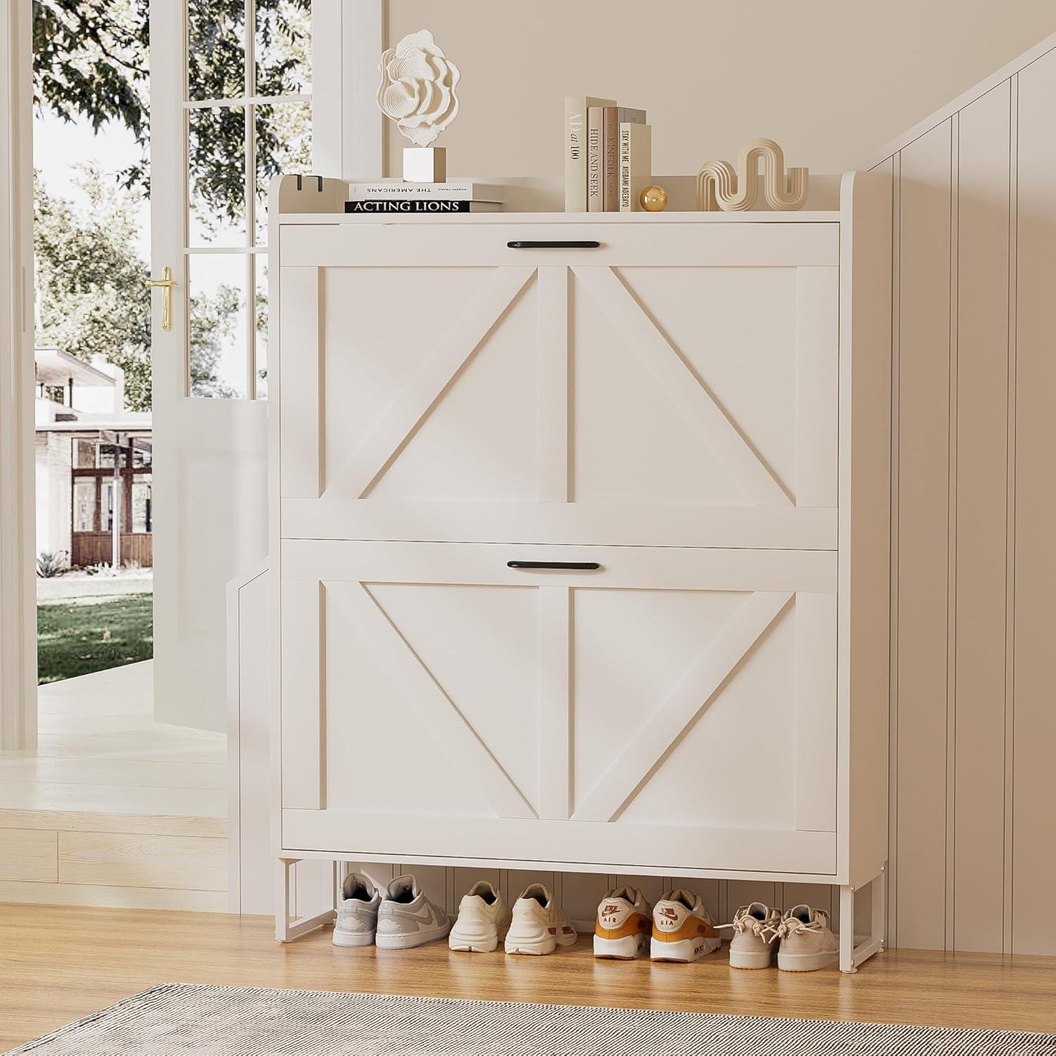 Gracie Oaks Shoe Cabinet With 2 Flip Drawers, Narrow Shoe Cabinet Hidden Shoe Rack Freestanding Shoe Cabinet Organizer For Entryway, Hallway