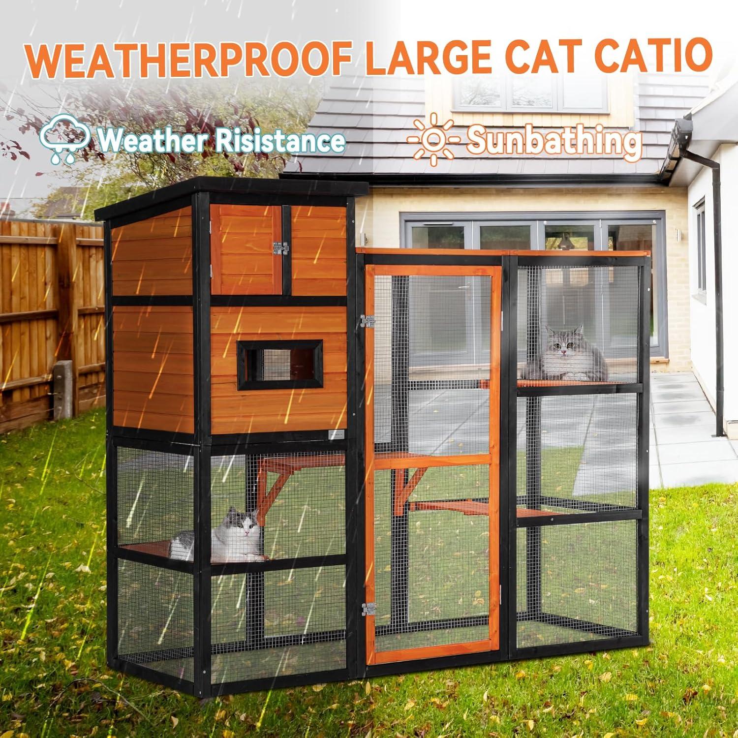 PETSFIT Outdoor Cat Catio 4 Tries, 2 Resting Room, 4 Platforms and Waterproof Roof, Outdoor Cat House ,Orange