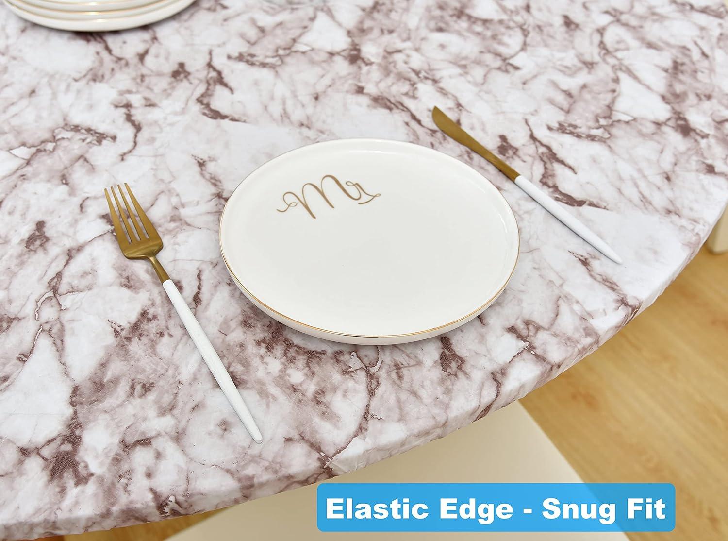 Rally Home Goods Indoor Outdoor Patio Round Fitted Vinyl Tablecloth, Flannel Backing, Elastic Edge, Waterproof Wipeable Plastic Cover, Beige Marble Pattern for 5-Seat Table of 36-42’’ Diameter