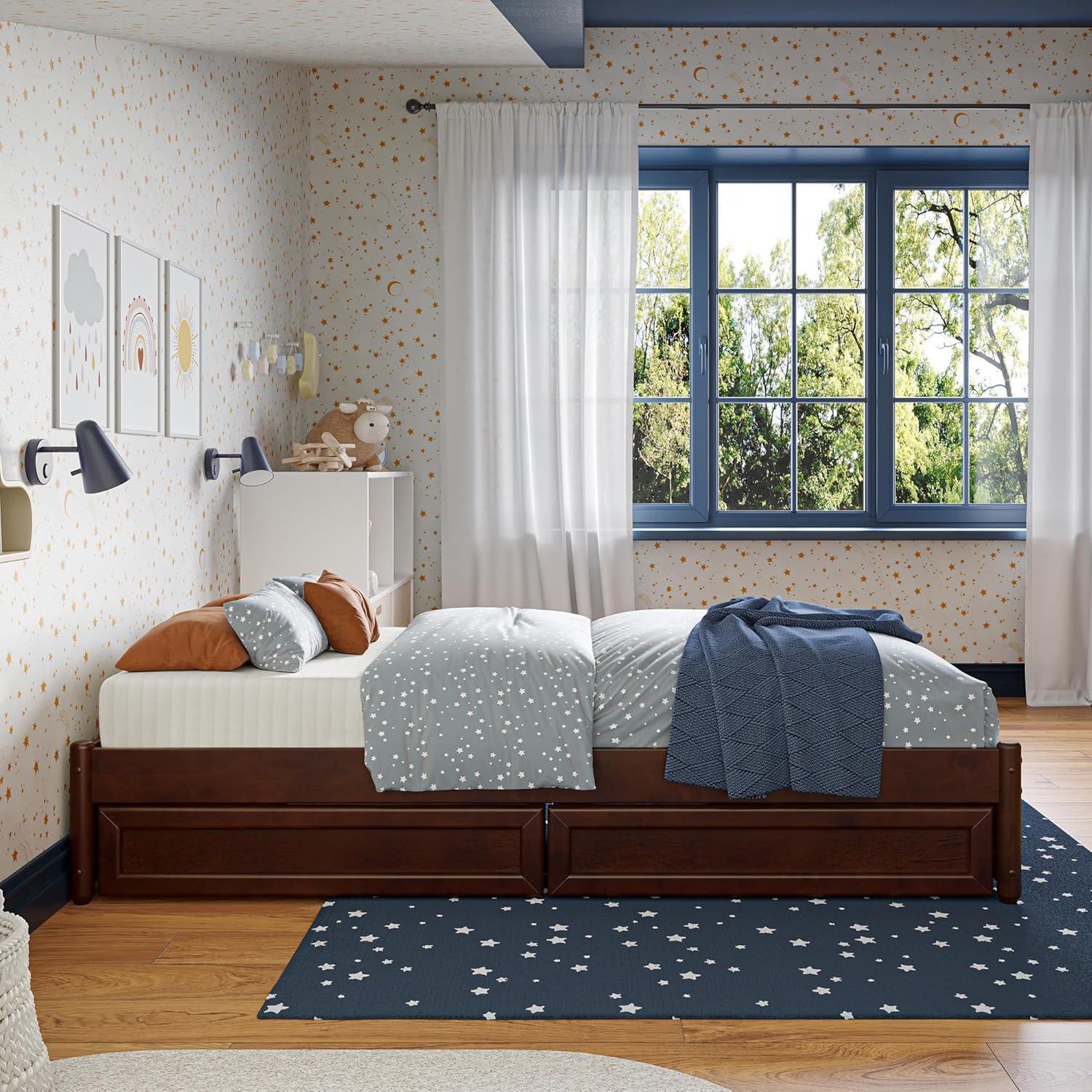 Barcelona King Solid Wood Panel Platform Bed with Storage Drawers in Walnut