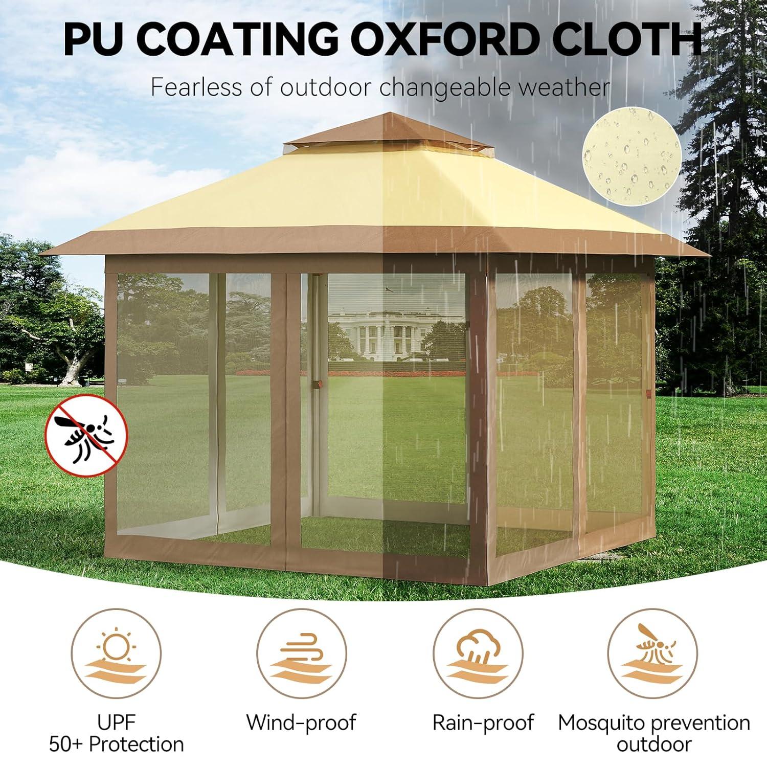 11'x11' Gazebo Outdoor Pop up Canopy Tent with Curtains and 121 Square Shelter for Patio,Backyard Party, with Mosquito Netting, 2-Tiered Vented Top,Beige