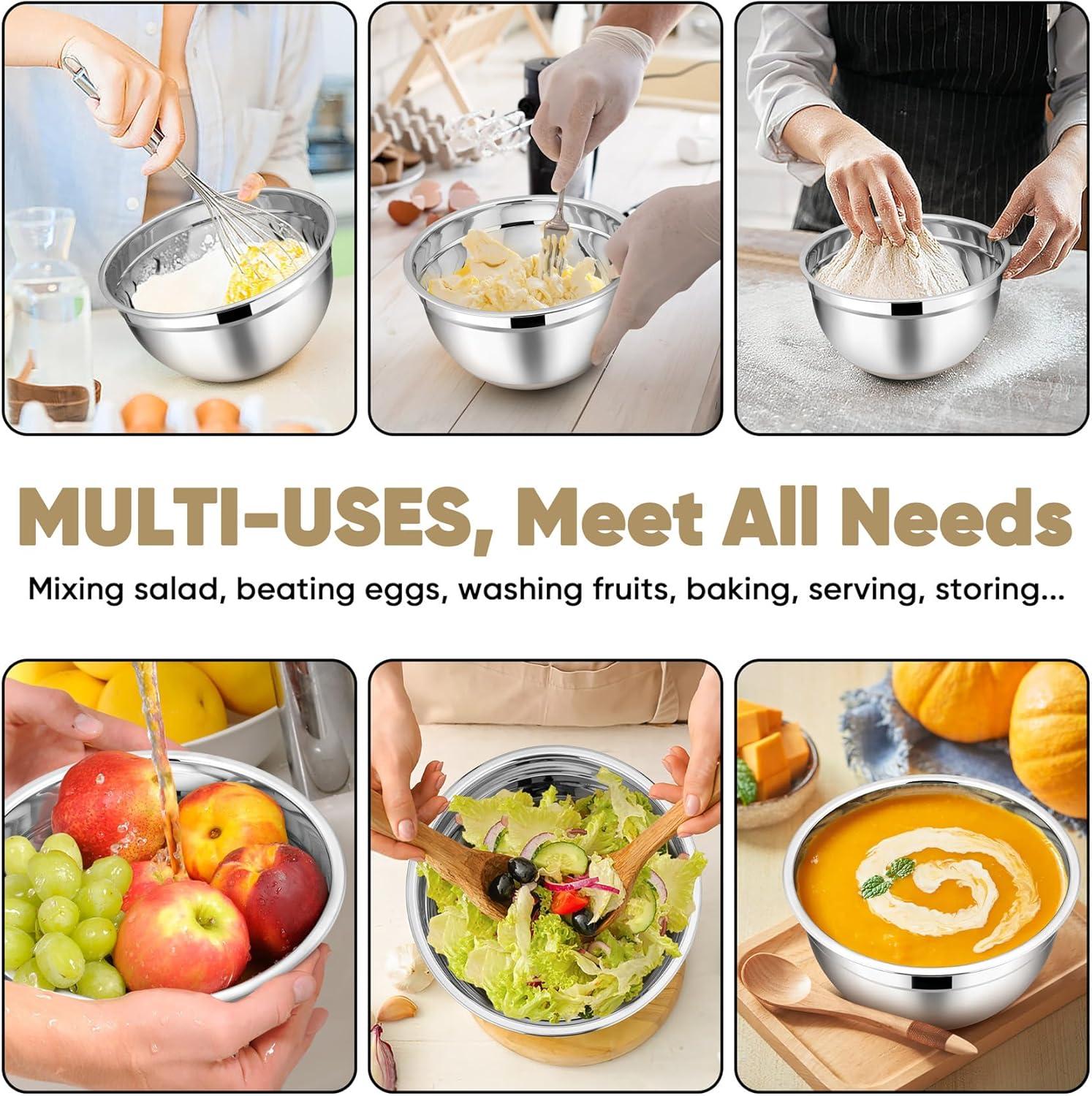 Toledo Bath & Kitchen Stainless Steel Mixing Bowls With Lids, 5-Pack Metal Nesting Bowls With Airtight Covers For Cooking, Baking, Serving, Storage, Non-Toxic & Dishwasher Safe, Size 4.6/3/1.5/1/0.7QT - Khaki