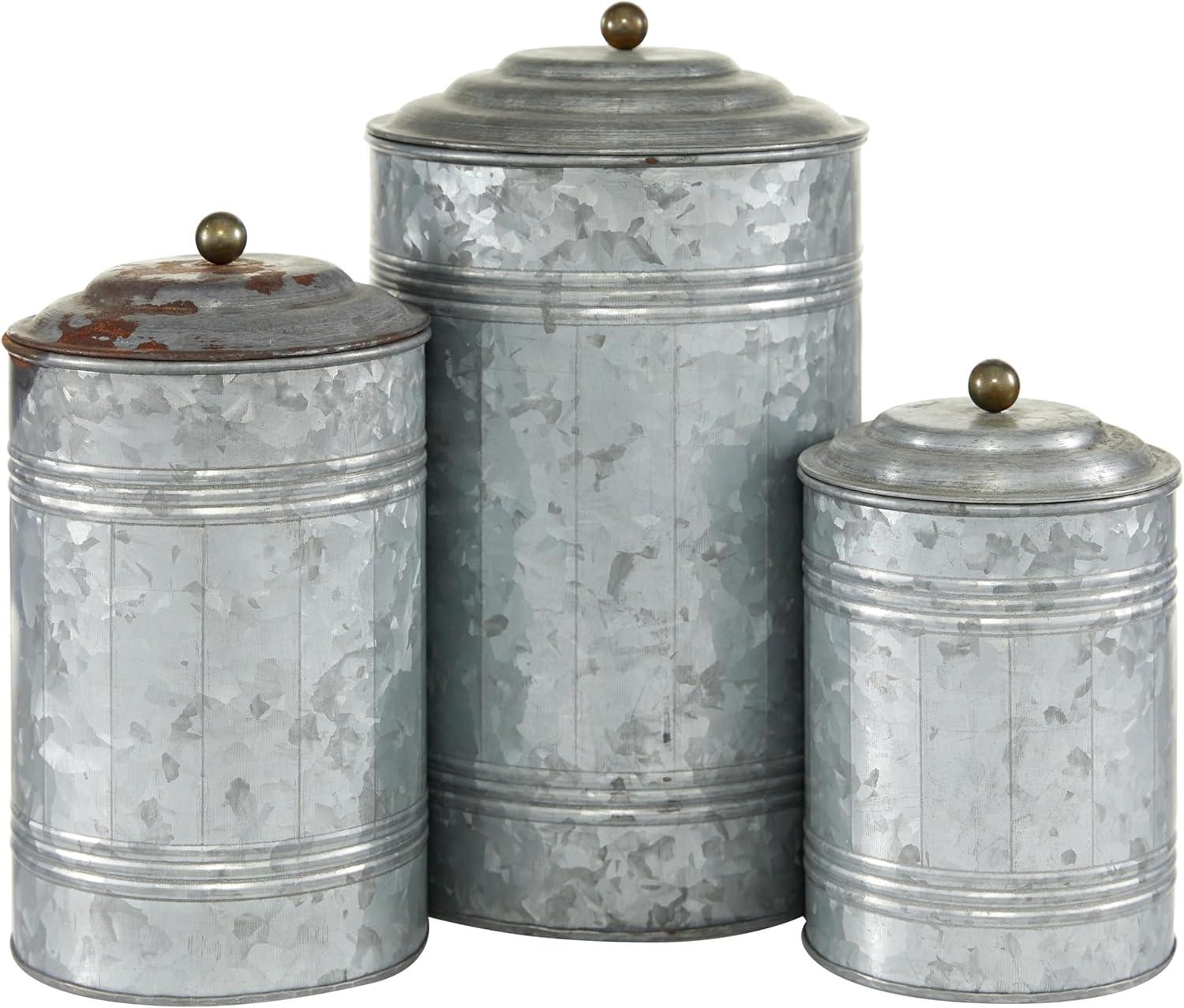 Olivia & May 3pc Decorative Galvanized Metal Canister Set Silver: Round Storage Containers with Lids