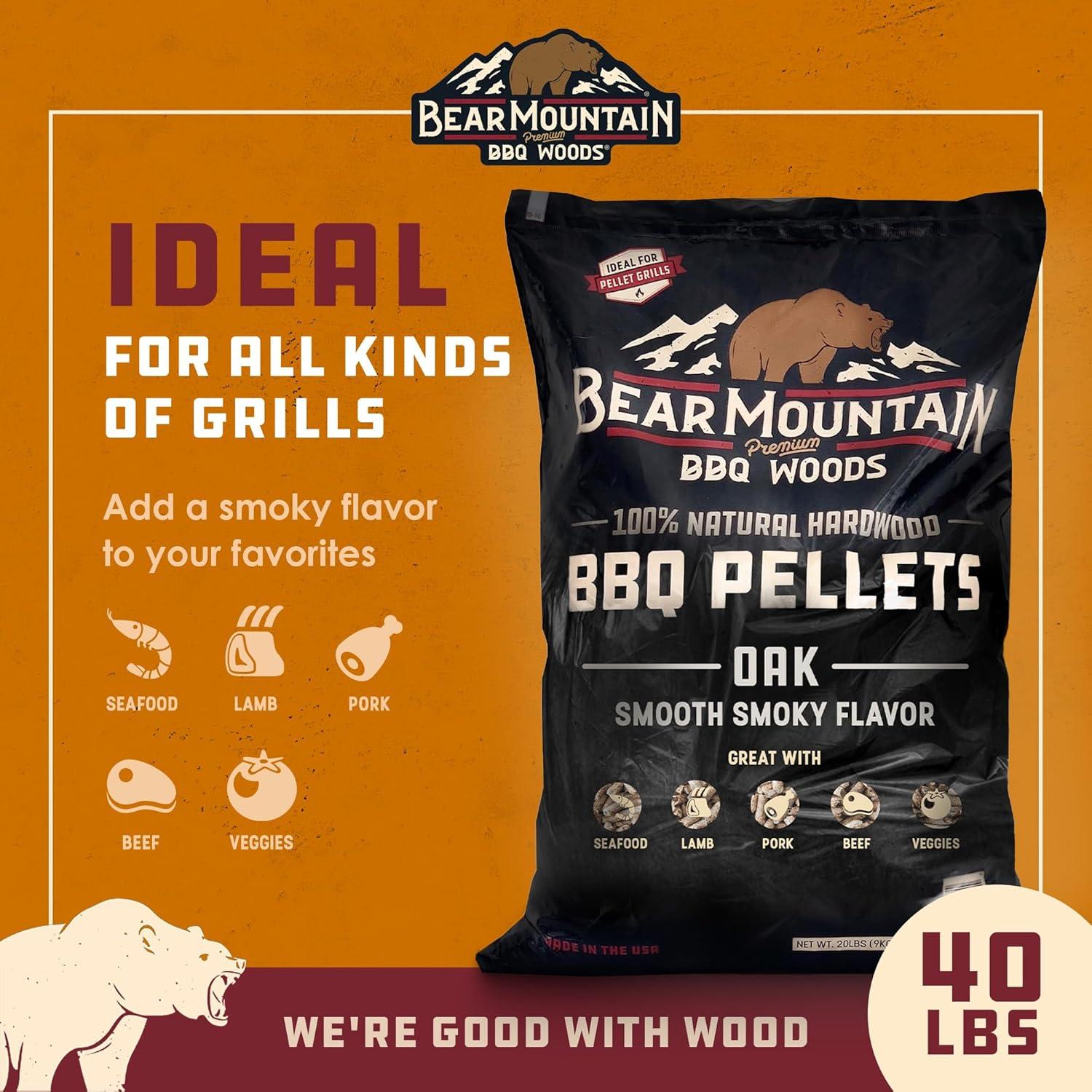 Bear Mountain BBQ Premium All Natural Earthy and Bold Oak Smoker Wood Chip Pellets For Outdoor Gas, Charcoal, and Electric Grills, 40 Pound Bag