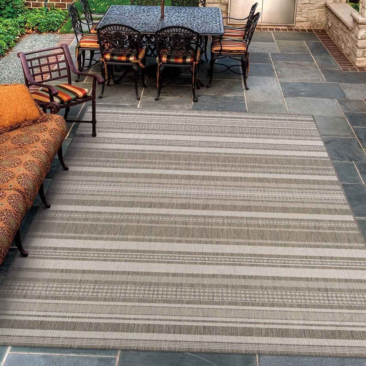 Champagne Taupe Striped Synthetic 8' x 10' Indoor/Outdoor Rug