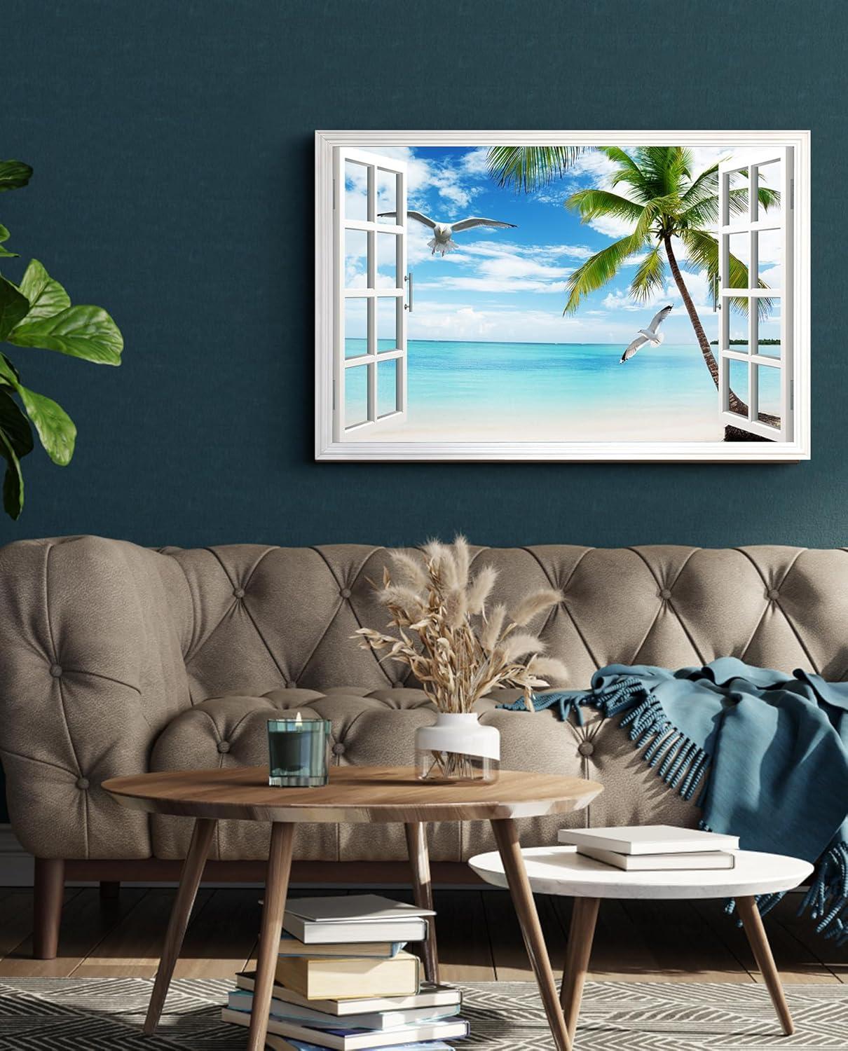 wall26 Canvas Print Wall Art Window View of Tropical Island Beach Paradise Nature Wilderness Photography Modern Art Rustic Scenic Colorful Ultra for Living Room, Bedroom, Office - 24"x36"