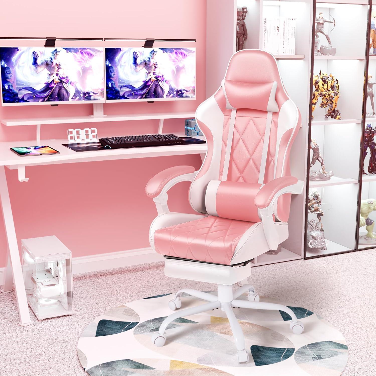 Pink and White Ergonomic Faux Leather Gaming Chair with Footrest