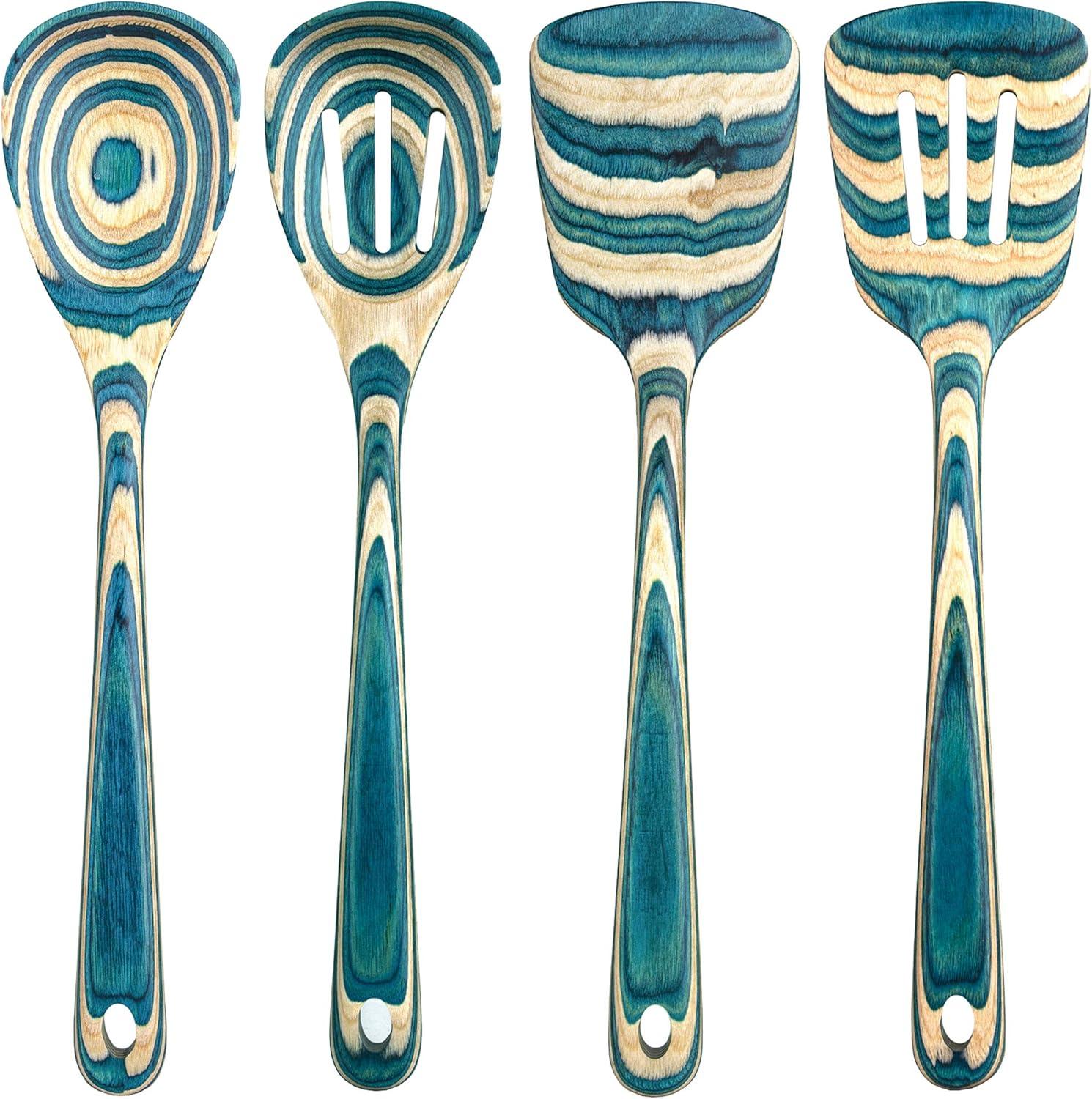 Baltique 4pc Mykonos Utensil Set: Wood Kitchen Tools, Hand Wash, Adult Cooking Utensils, Turquoise Blue