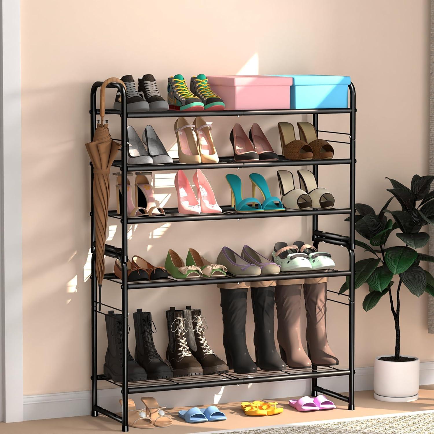 YASONIC Shoe Rack Storage Organizer, 3-Tier Black Shoe Shelf, 24 Pairs, Iron Poles & Plastic Connectors