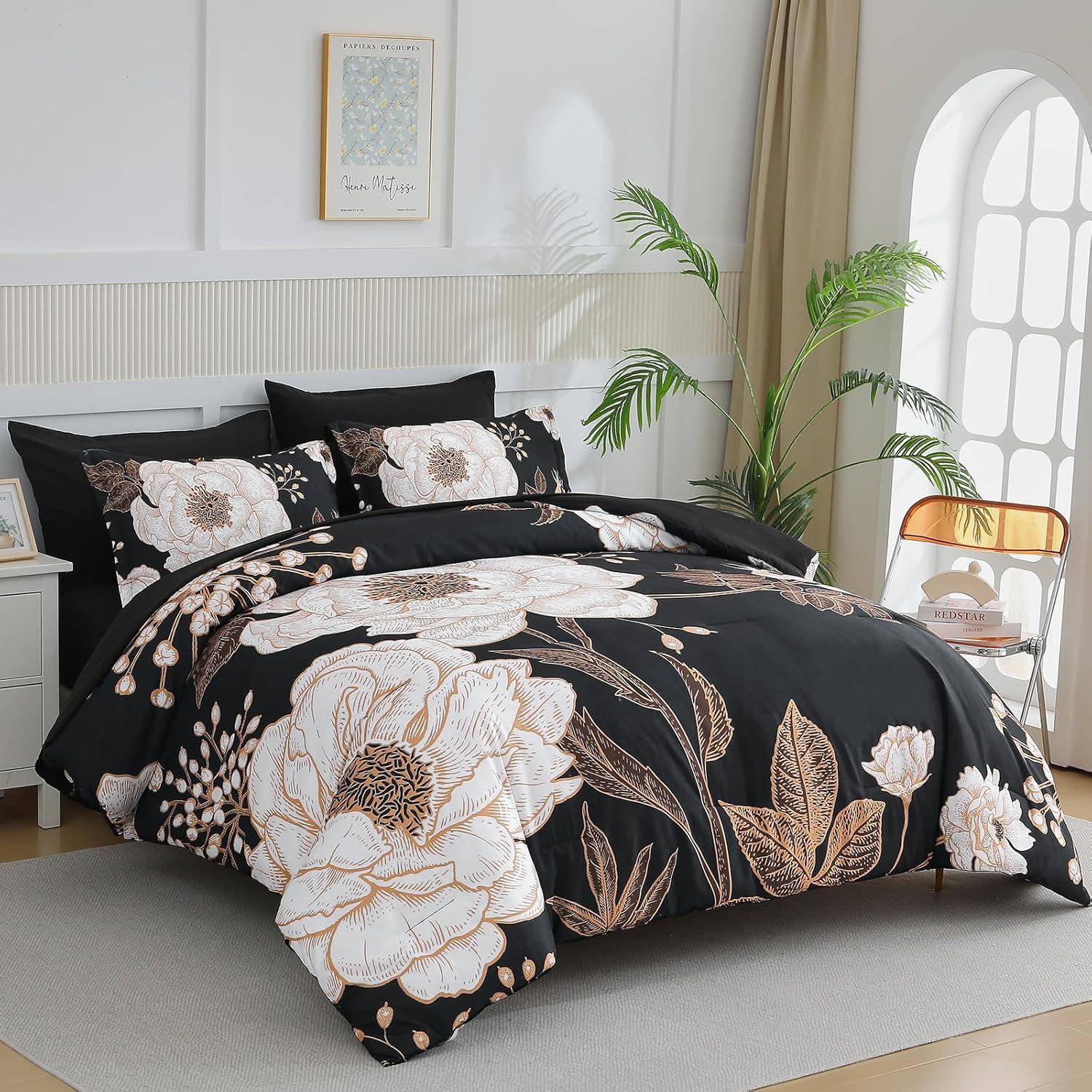 DANTUL 7 Piece Bed In A Bag Queen Comforter Set Botanical Floral Bedding Set,White Flowers Leaves Printed On Black Reversible Design,Soft Microfiber Comforter With Sheet Set,All Season