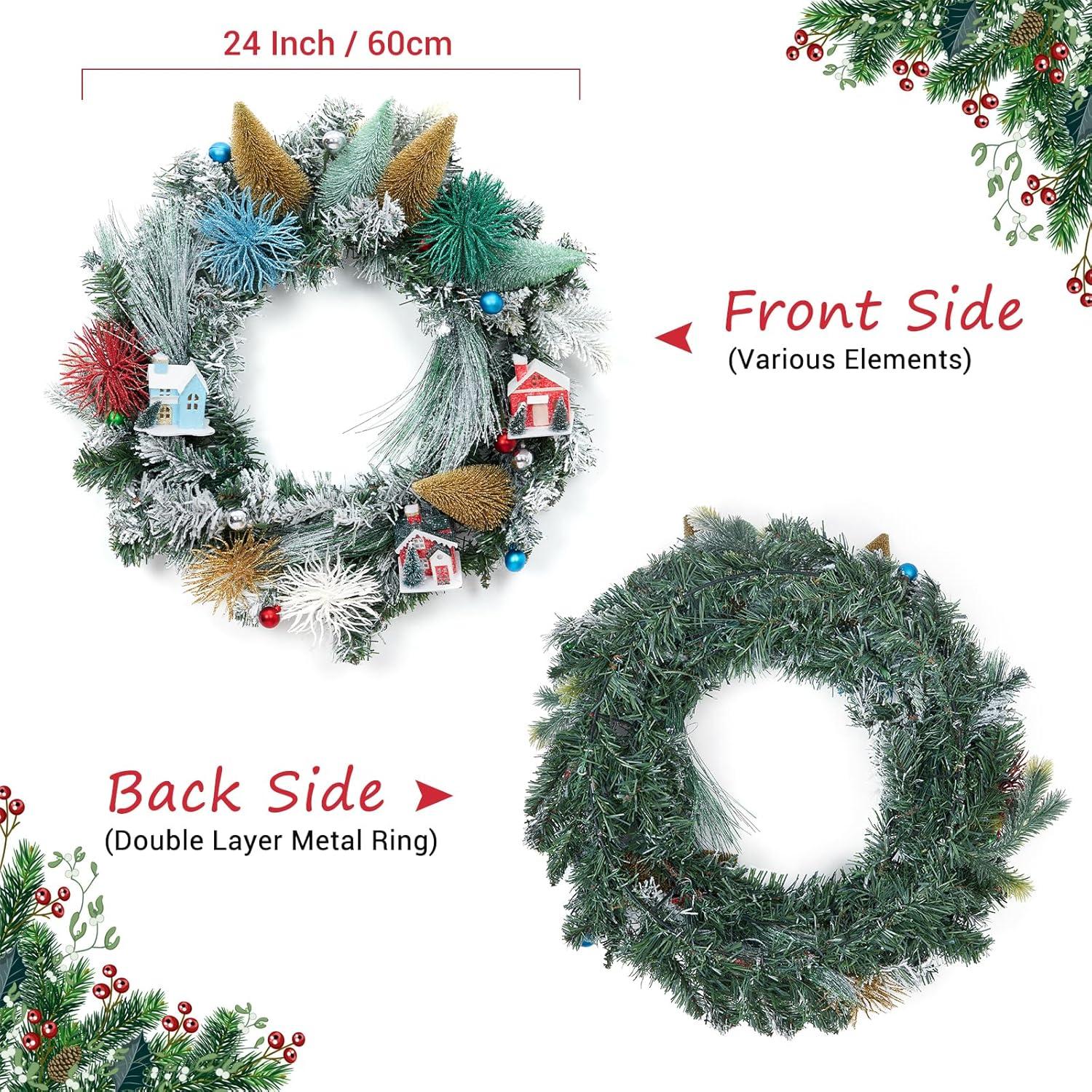 24 Inch Christmas Wreaths for Front Door, Xmas Village Wreath with Tree and Little House Decorations