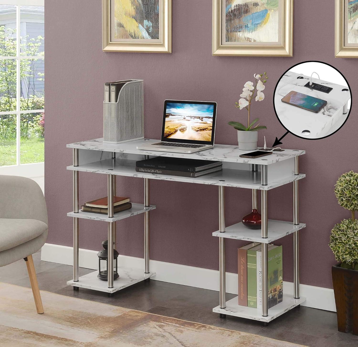 Adult, Designs2Go No Tools 30 in. Tall Student Desk w/ Charging Station & Shelves, White Faux Marble