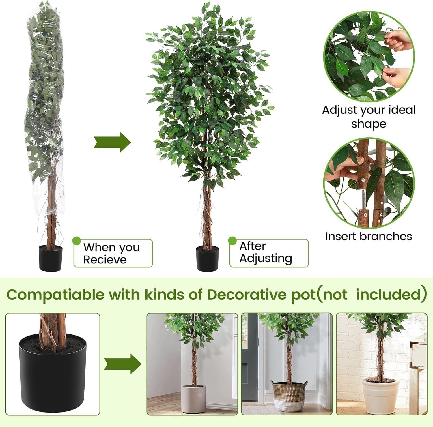 Danolapsi Artificial Ficus Tree,Tall Fake Ficus Silk Tree with Natural Wood Trunk in Plastic Nursery Pot for Indoor Outdoor House Living Room Office Garden Decor(4FT/5FT/6FT)
