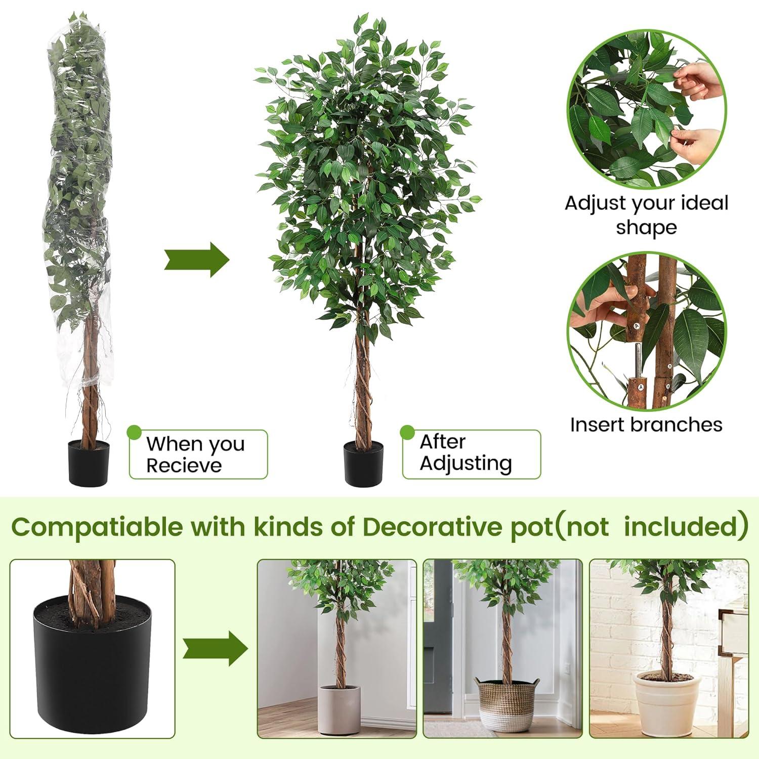 Danolapsi Artificial Ficus Tree,Tall Fake Ficus Silk Tree with Natural Wood Trunk in Plastic Nursery Pot for Indoor Outdoor House Living Room Office Garden Decor(4FT/5FT/6FT)