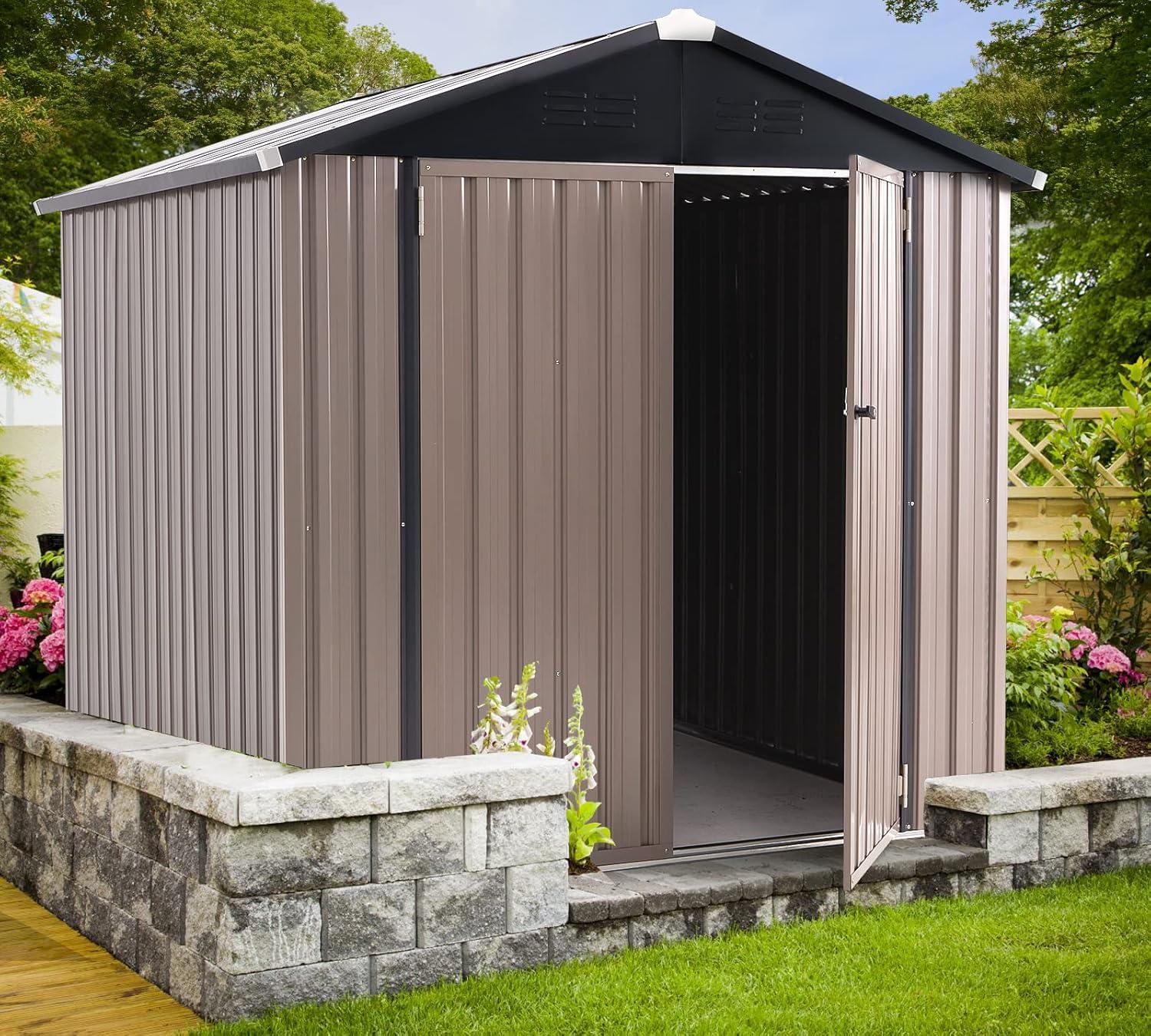 AECOJOY 6' x 6' Outdoor Storage Shed with Rack & Shelves Metal Utility Tool Shed with Lockable Door for Backyard & Garden on Clearance