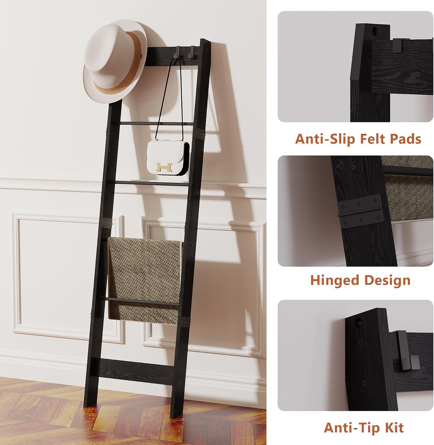 6 Tier Blanket Ladder Shelf For Living Room And Bedroom, Ladder Holder With 4 Metal Hooks, 5.2Ft Blanket Quilt Holder Rack, Farmhouse Ladder Rack For Storage And Home Decor