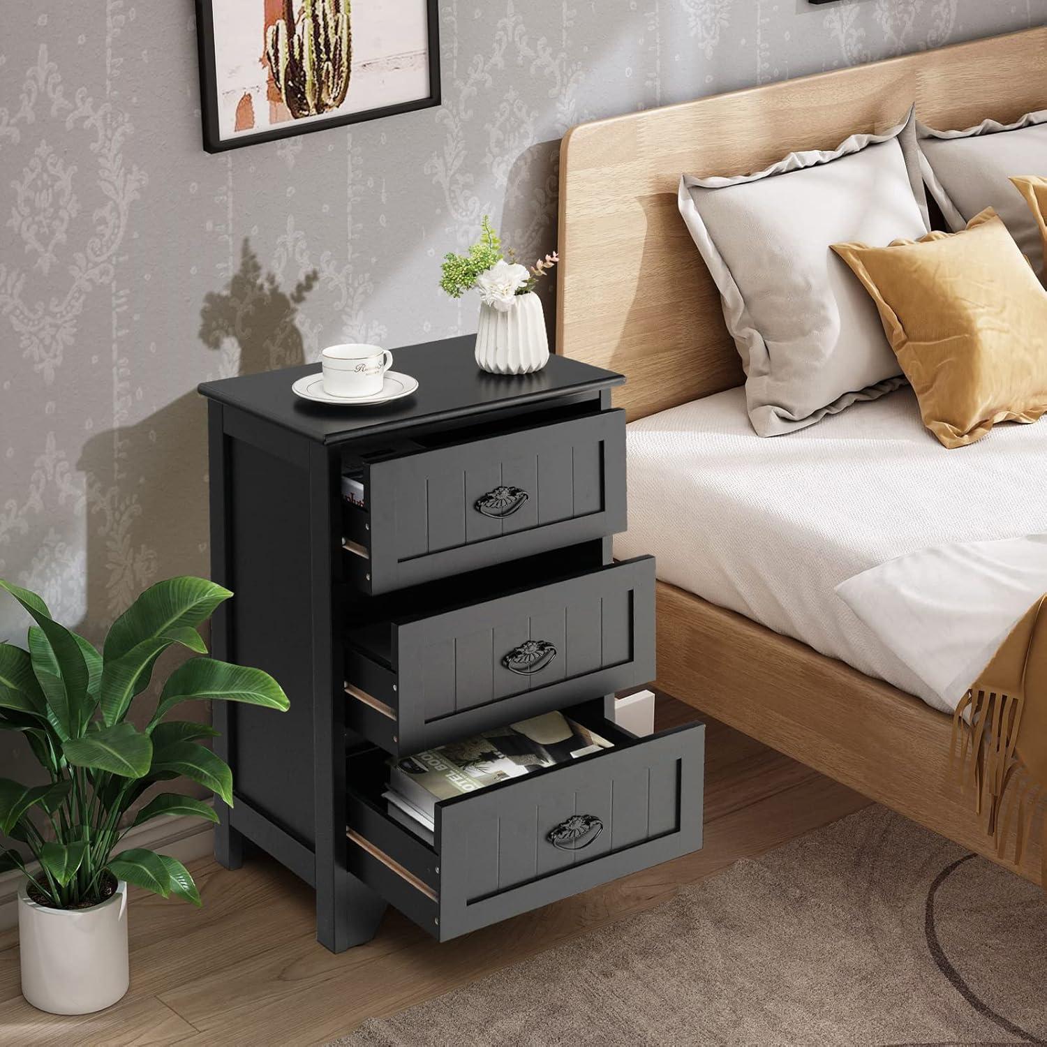 Gymax End Table Nightstand Bedroom Storage w/ 3 Drawers & Wood Slide White