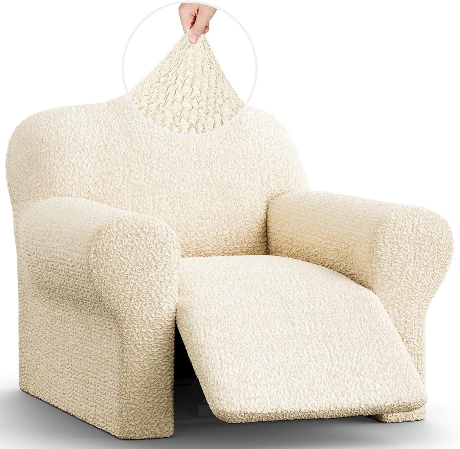 Cream Stretchy Recliner Chair Cover with Elastic Closure