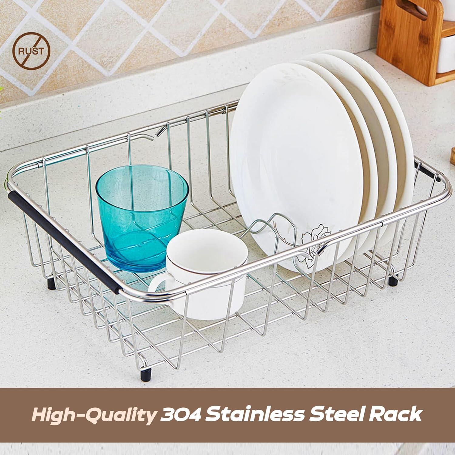 Compact Expandable Over The Sink Dish Drying Rack with Utensil Holder | 304 Stainless Steel Racks for Kitchen Counter, Space-Saving, Rustproof Drainer/Sink Organizer