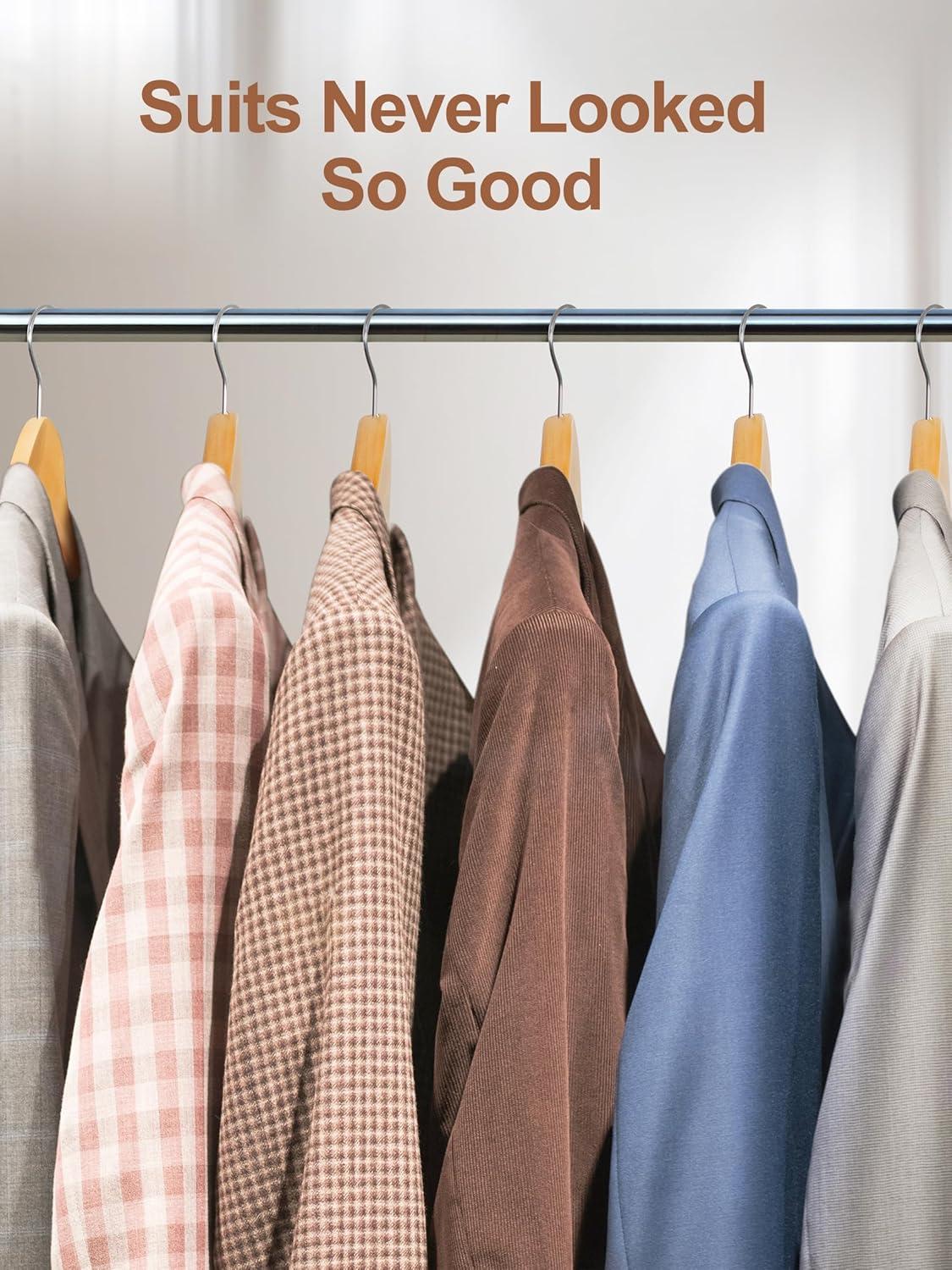 TOPIA HANGER Wide Shoulder Wooden Hangers, Suit Hangers with Non Slip Pants Bar & 360° Swivel Hook, Solid Wood Heavy Duty Coat Hanger, 6 Pack (Natural)-CT02NA