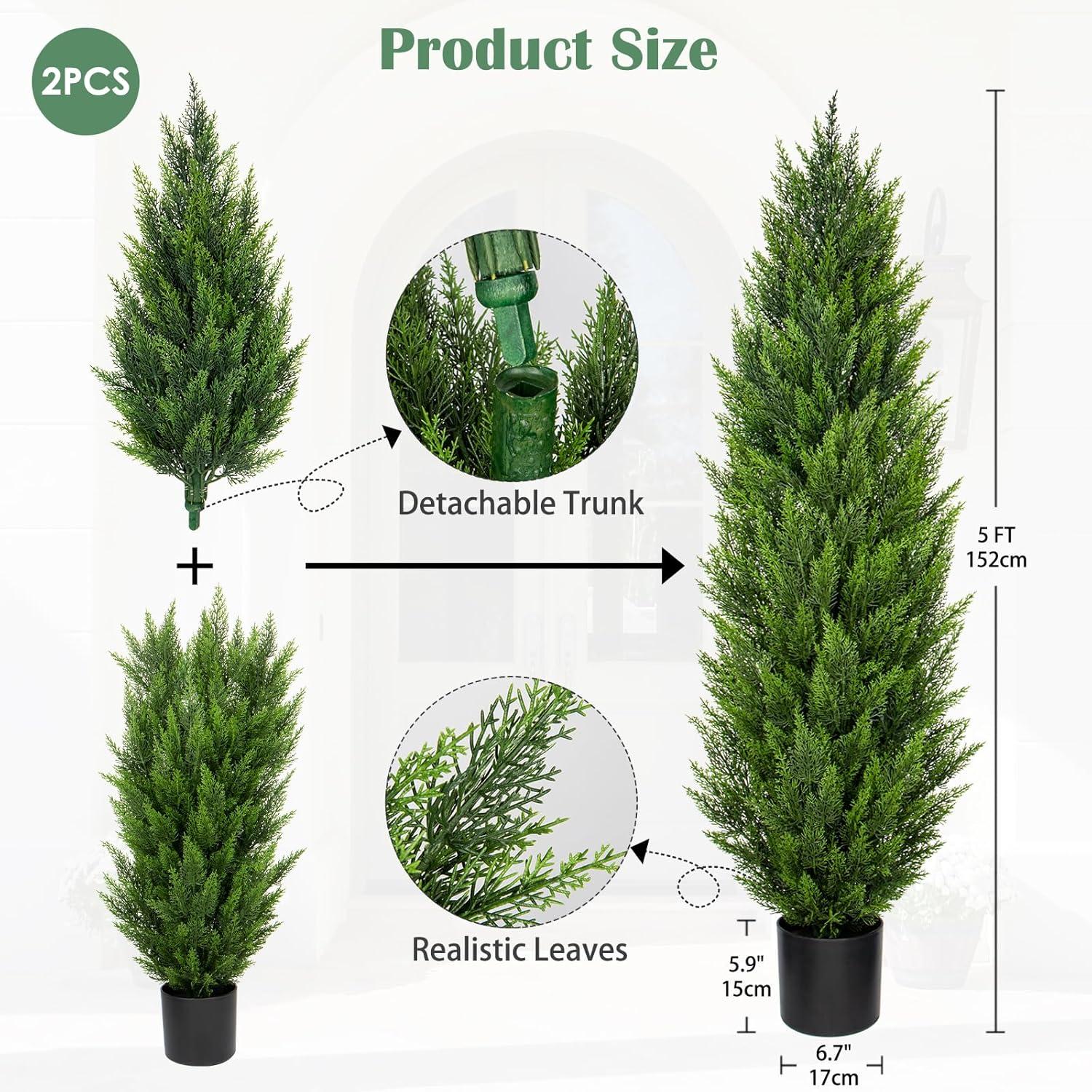 Artificial Cedar Tree 5FT Artificial Cedar Topiary Trees for Outdoors Potted Fake Cypress Trees Faux Evergreen Plants for Home Porch Decor Set of 2