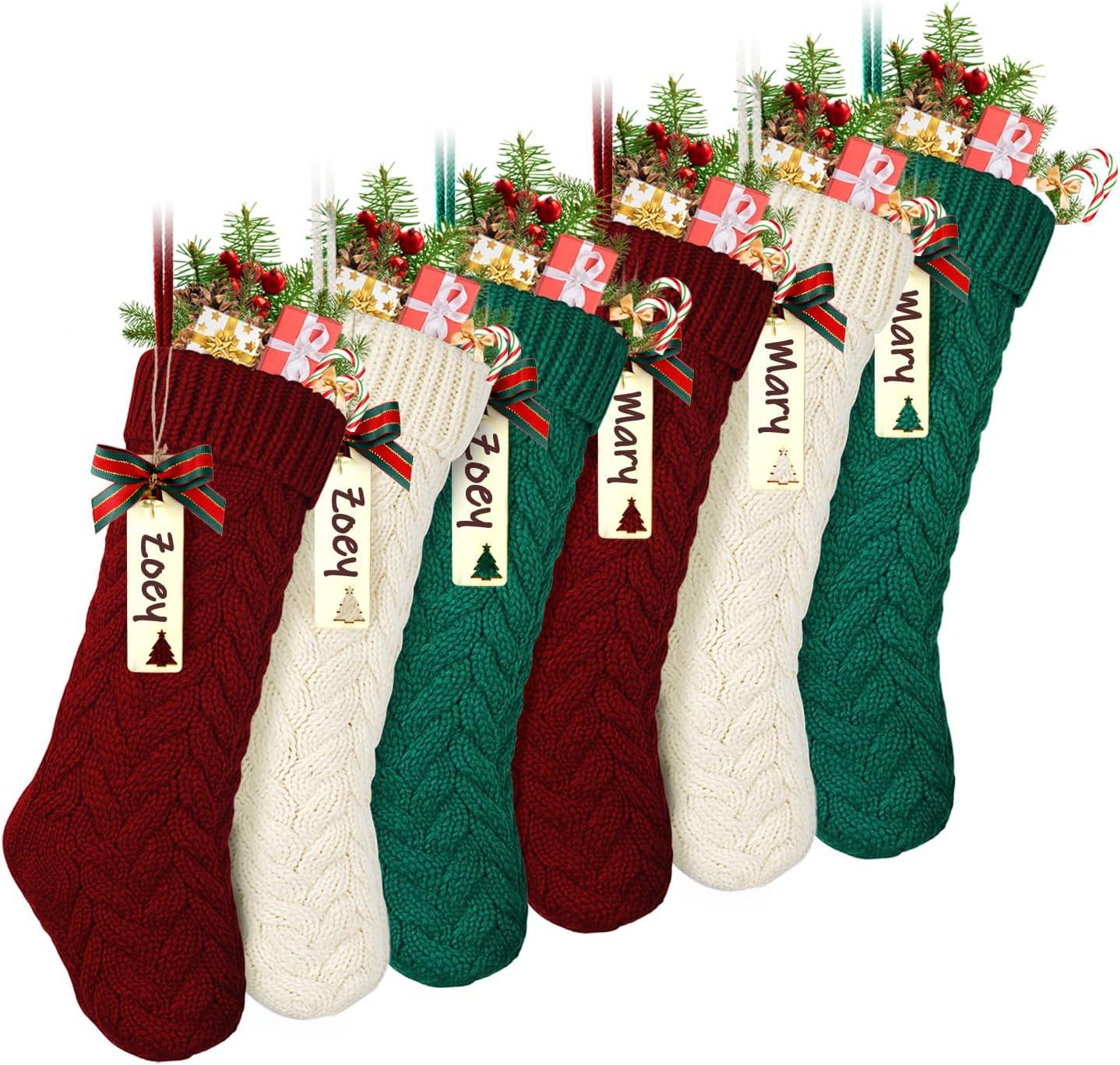 Set of 6 Burgundy, Ivory, Green Cable Knit Christmas Stockings